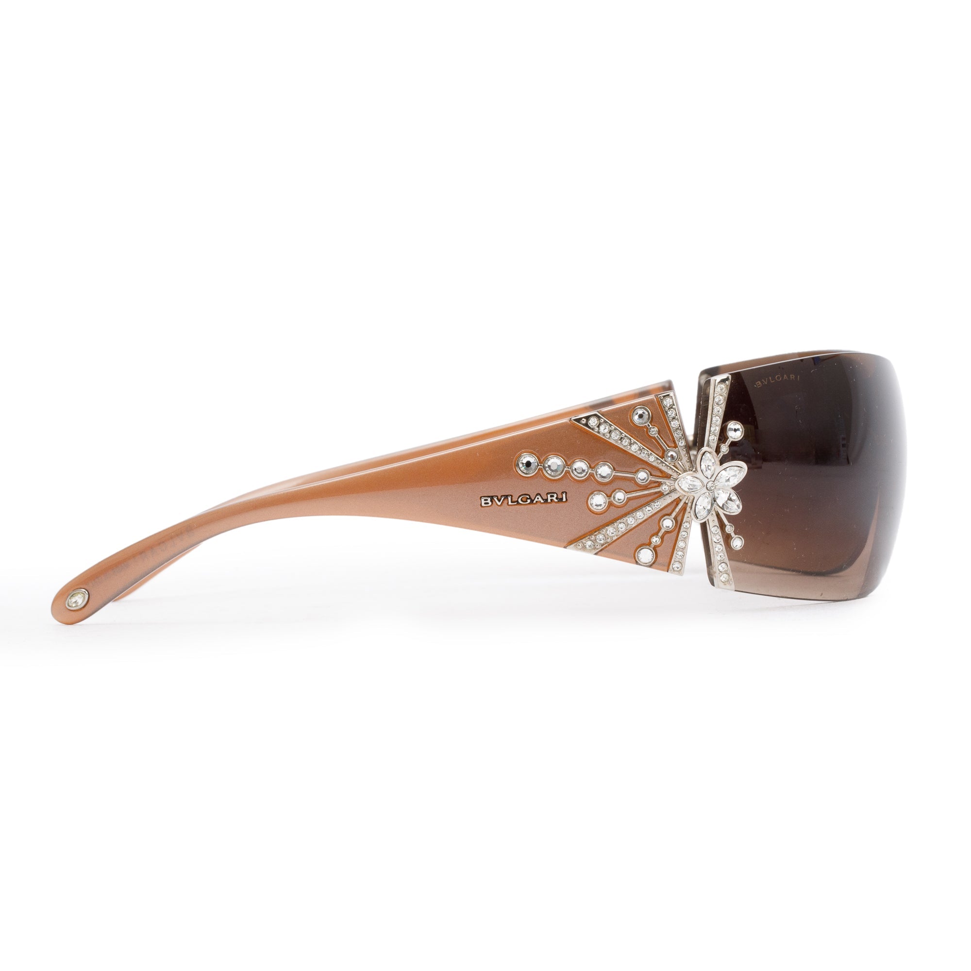 BVLGARI Brown Acetate LImited Edition Crystal Flower Shield Sunglasses w/ Case