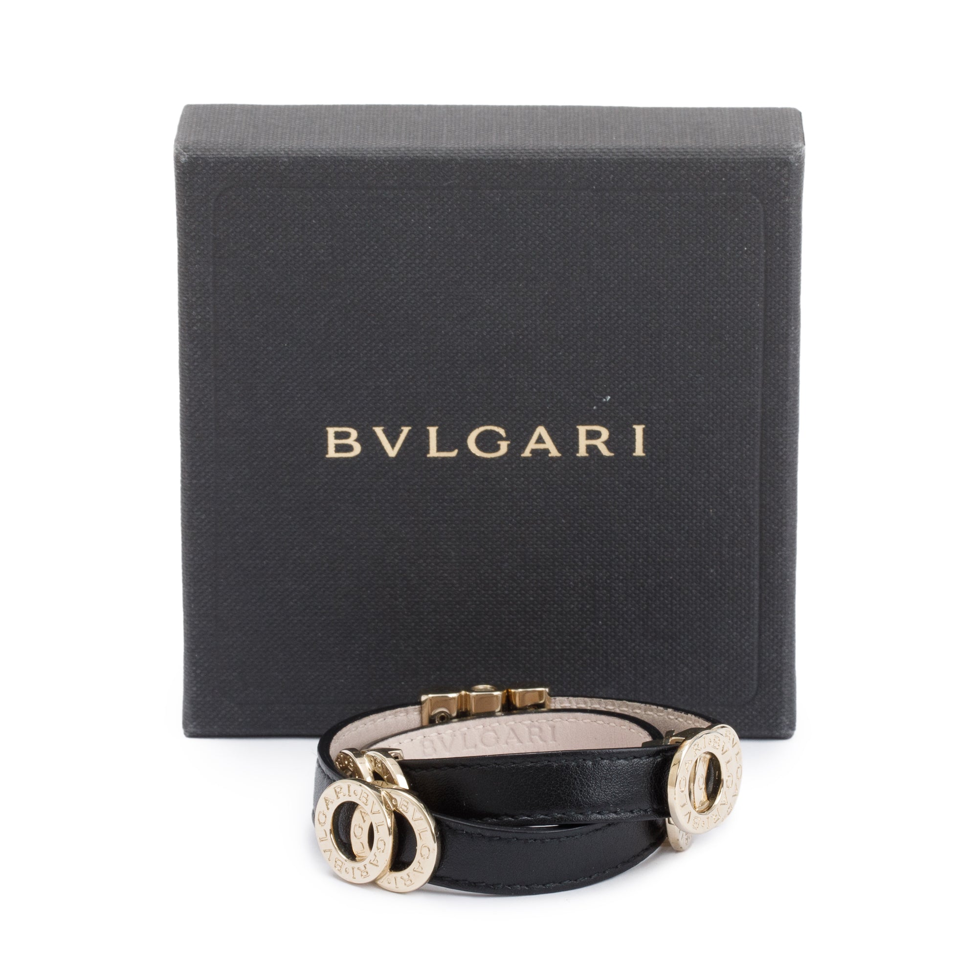 BVLGARI Gold Plated Black Leather Double Coiled Wrap Bracelet w/ Box