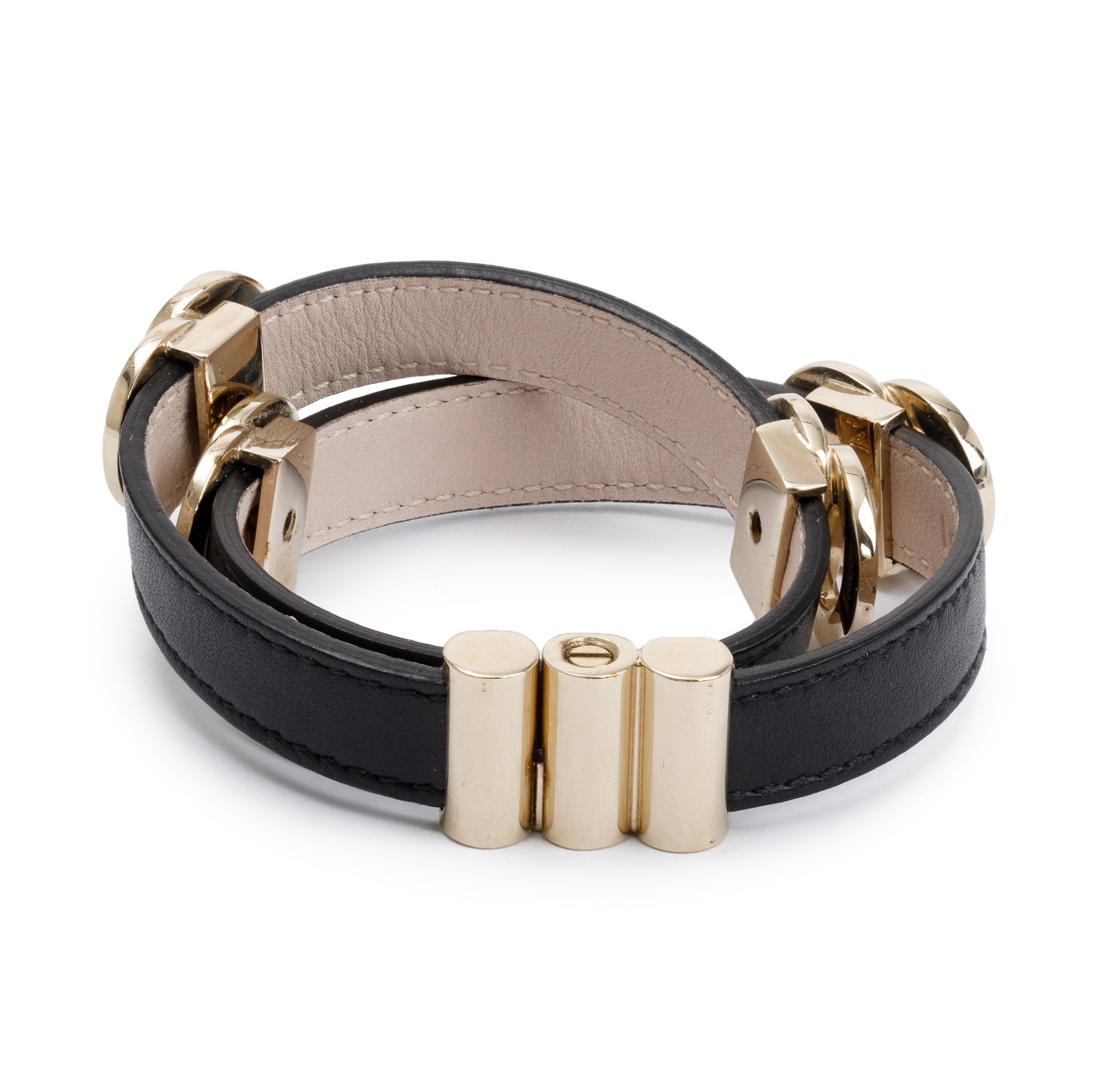 BVLGARI Gold Plated Black Leather Double Coiled Wrap Bracelet w/ Box
