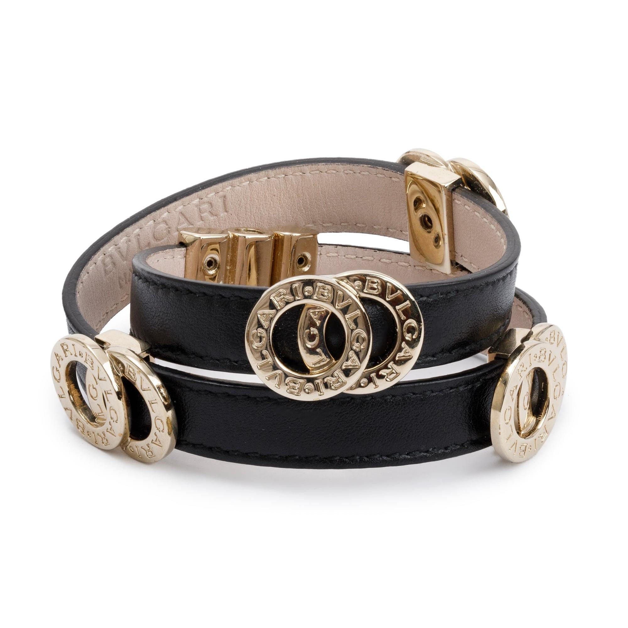 BVLGARI Gold Plated Black Leather Double Coiled Wrap Bracelet w/ Box