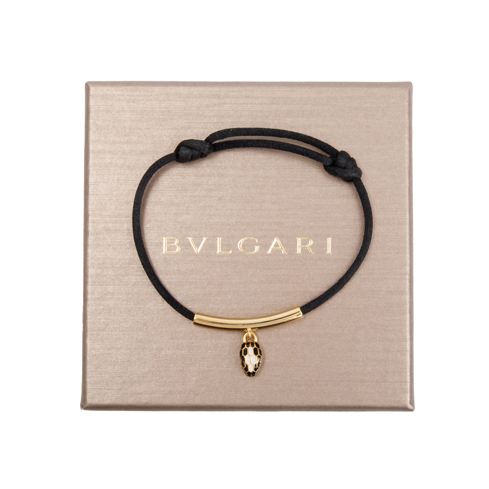 BVLGARI Gold Plated Black Silk Cord & Enamel Serpenti Forever Station Bracelet w/ Box