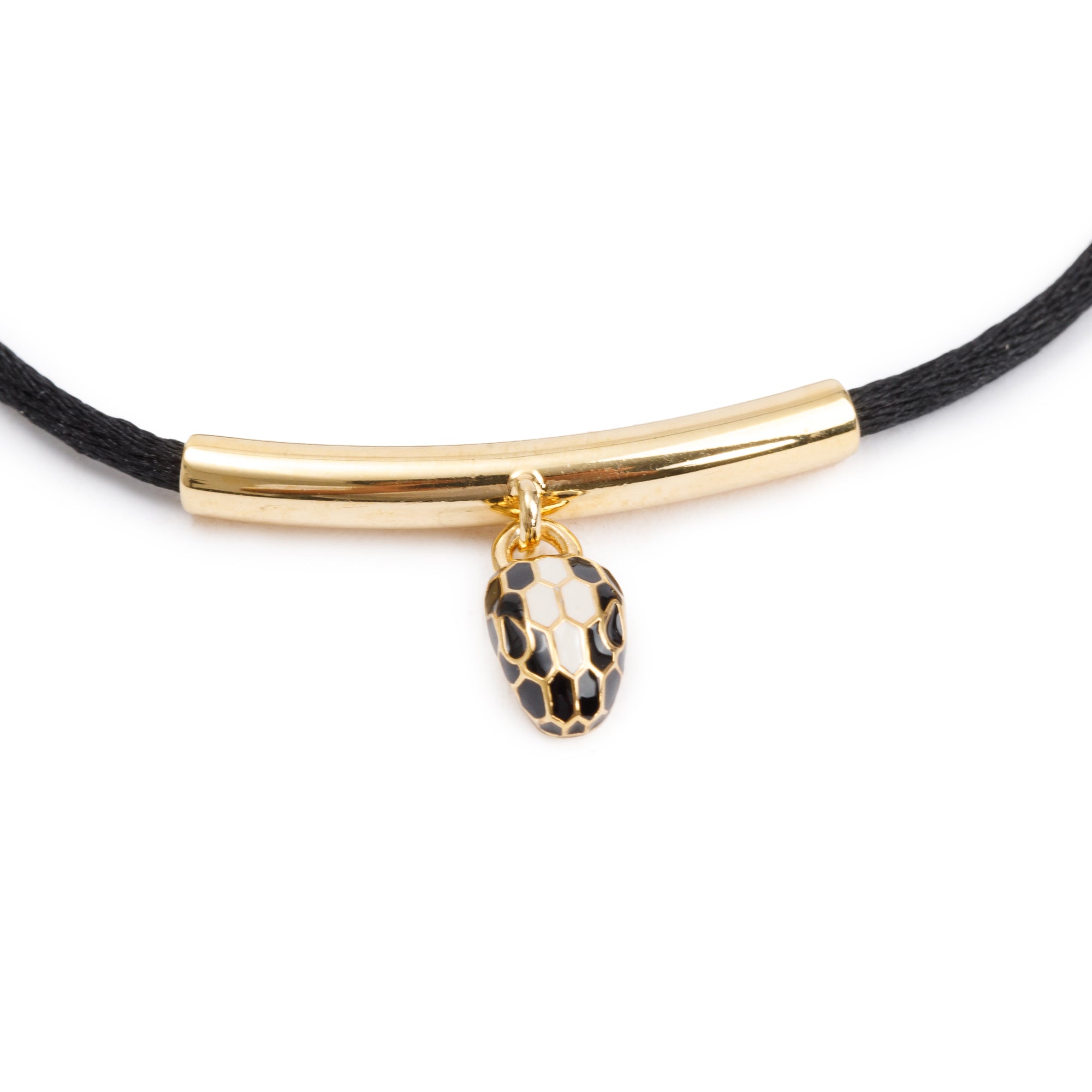 BVLGARI Gold Plated Black Silk Cord & Enamel Serpenti Forever Station Bracelet w/ Box