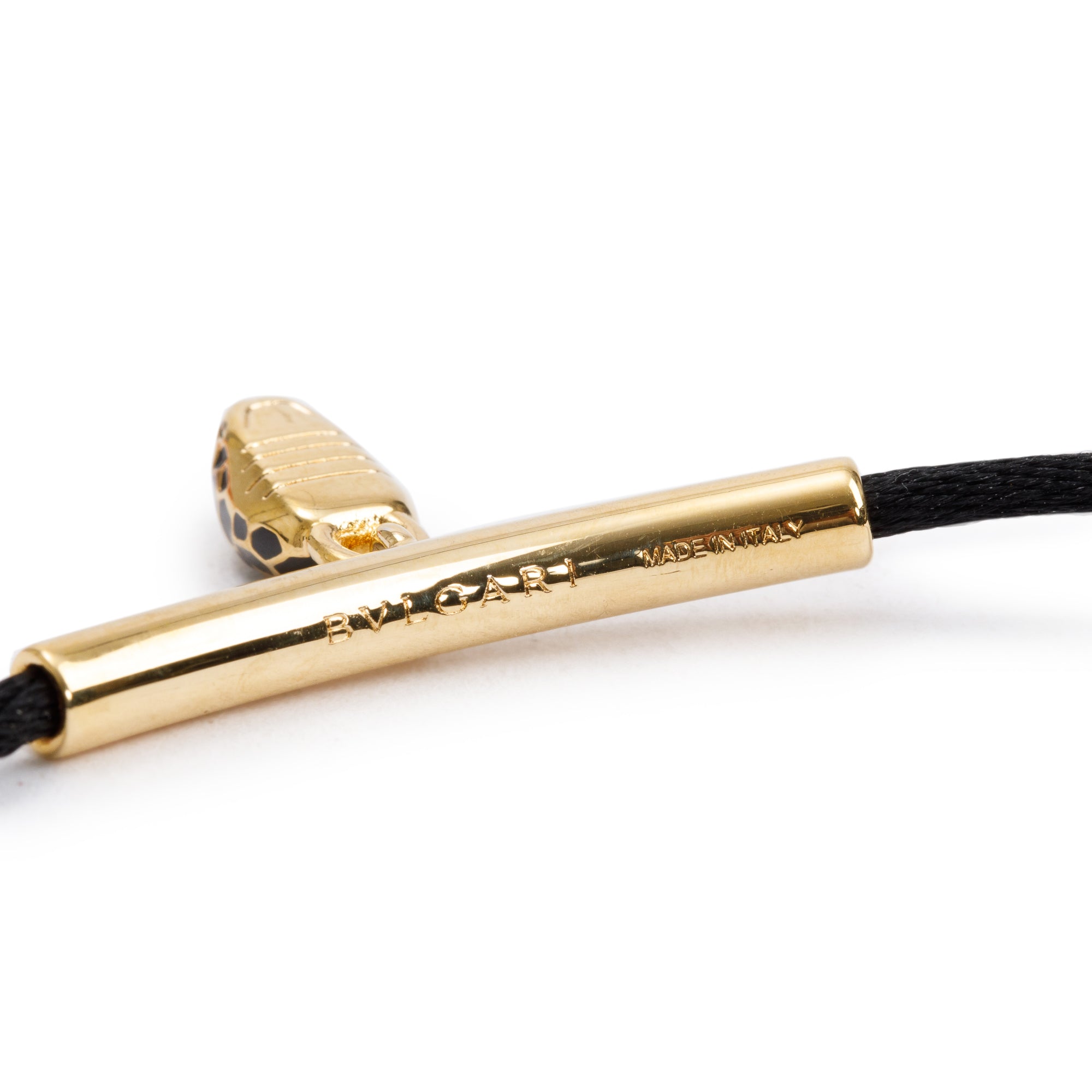 BVLGARI Gold Plated Black Silk Cord & Enamel Serpenti Forever Station Bracelet w/ Box