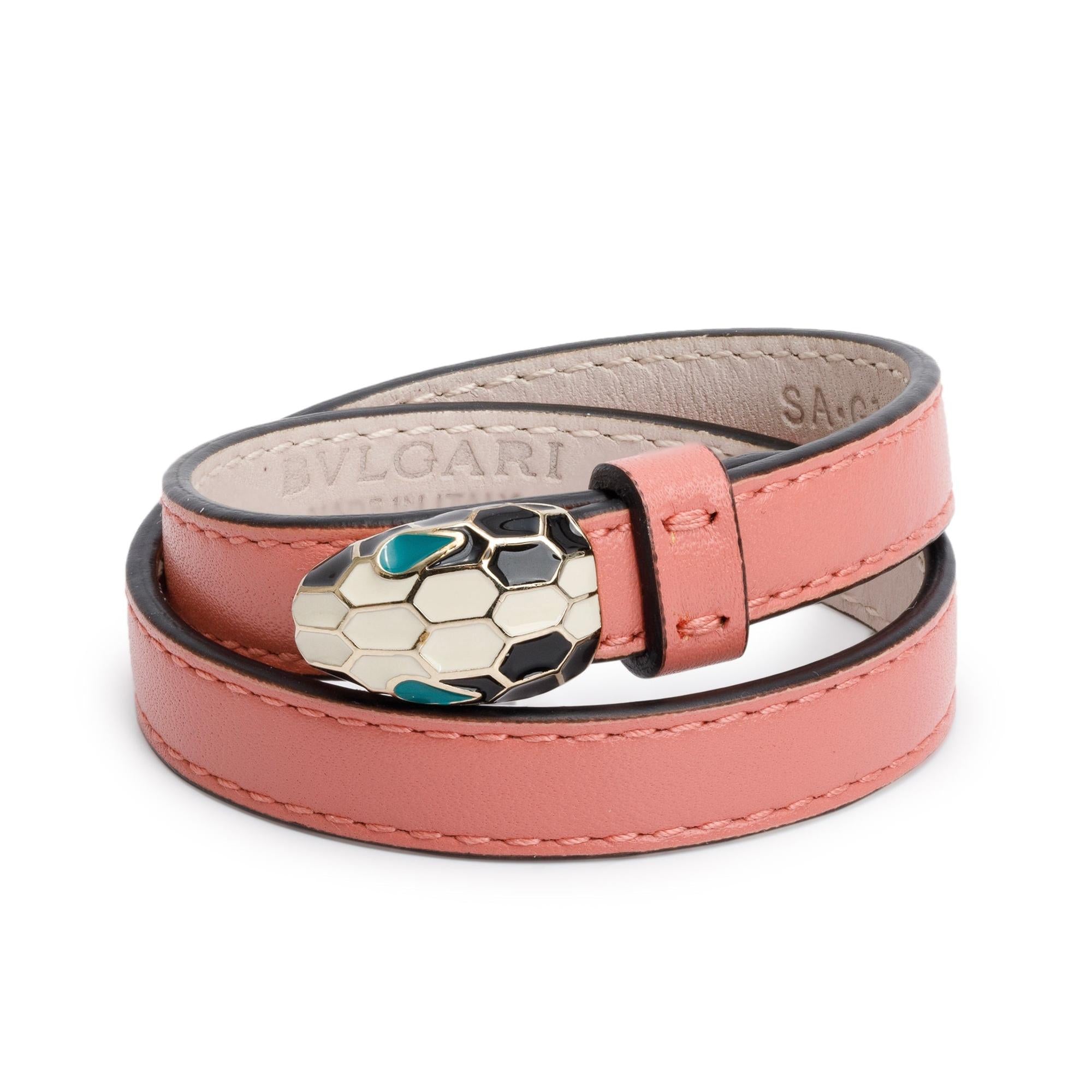 BVLGARI Serpenti Forever Double Coil Pink Leather Bracelet w/ Box