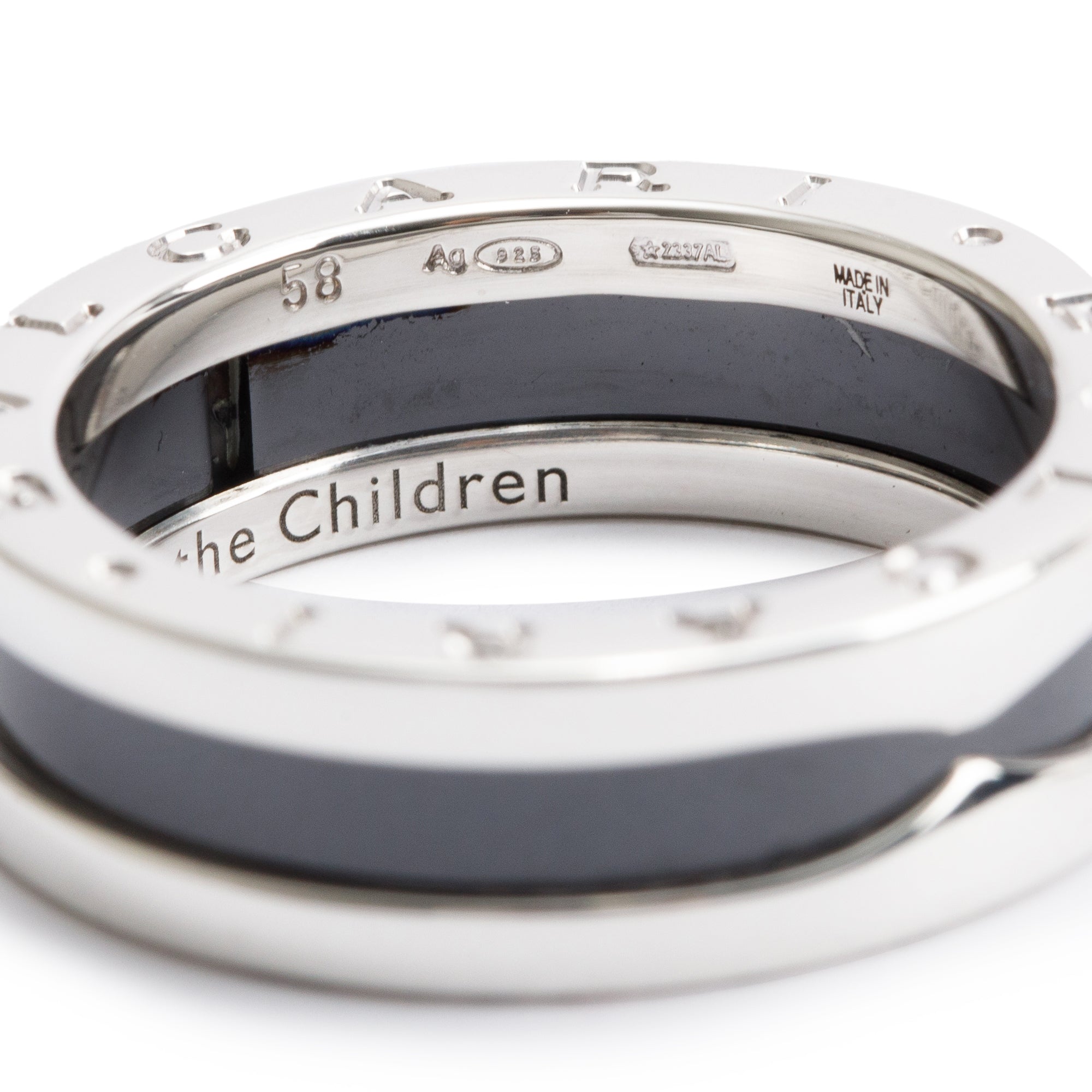 BVLGARI Sterling Silver Black Ceramic Save the Children One-Band Ring, Size 58 8.25