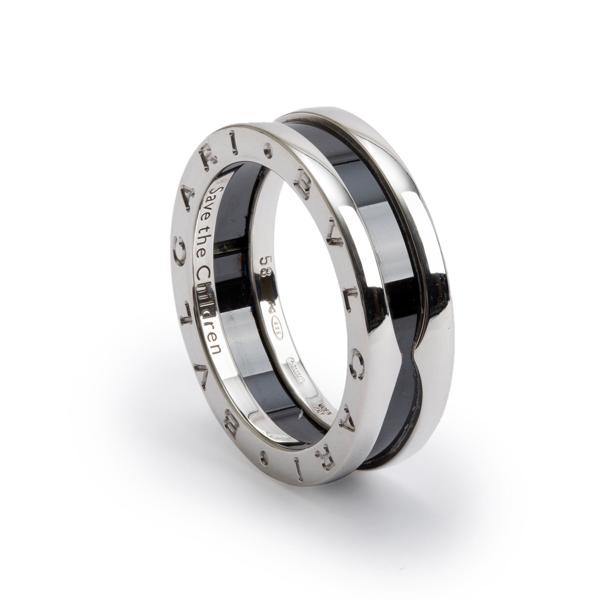 BVLGARI Sterling Silver Black Ceramic Save the Children One-Band Ring, Size 58 8.25