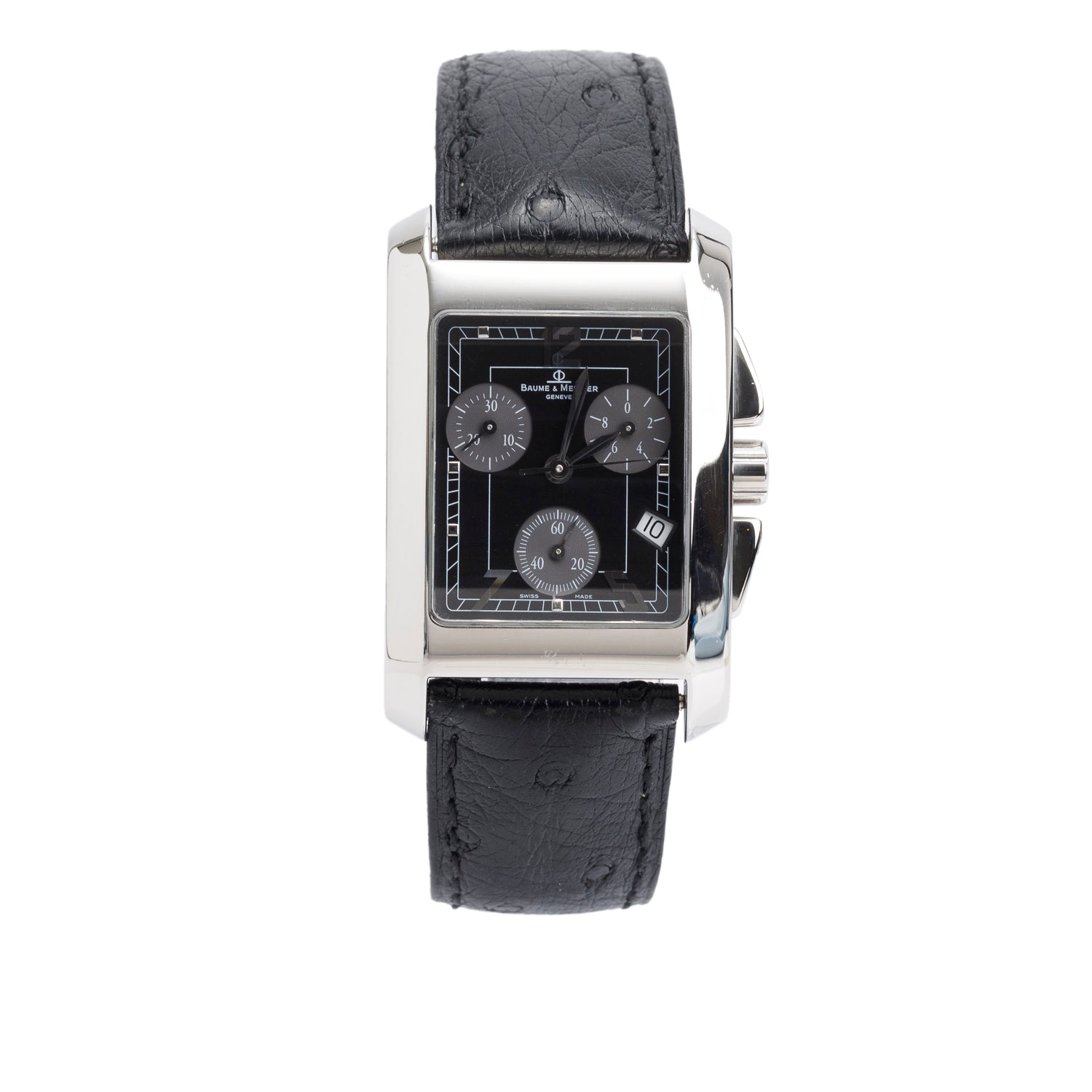 Baume & Mercier Stainless Steel Hampton Chronograph Quartz Watch Black Dial w/ Ostrich Strap