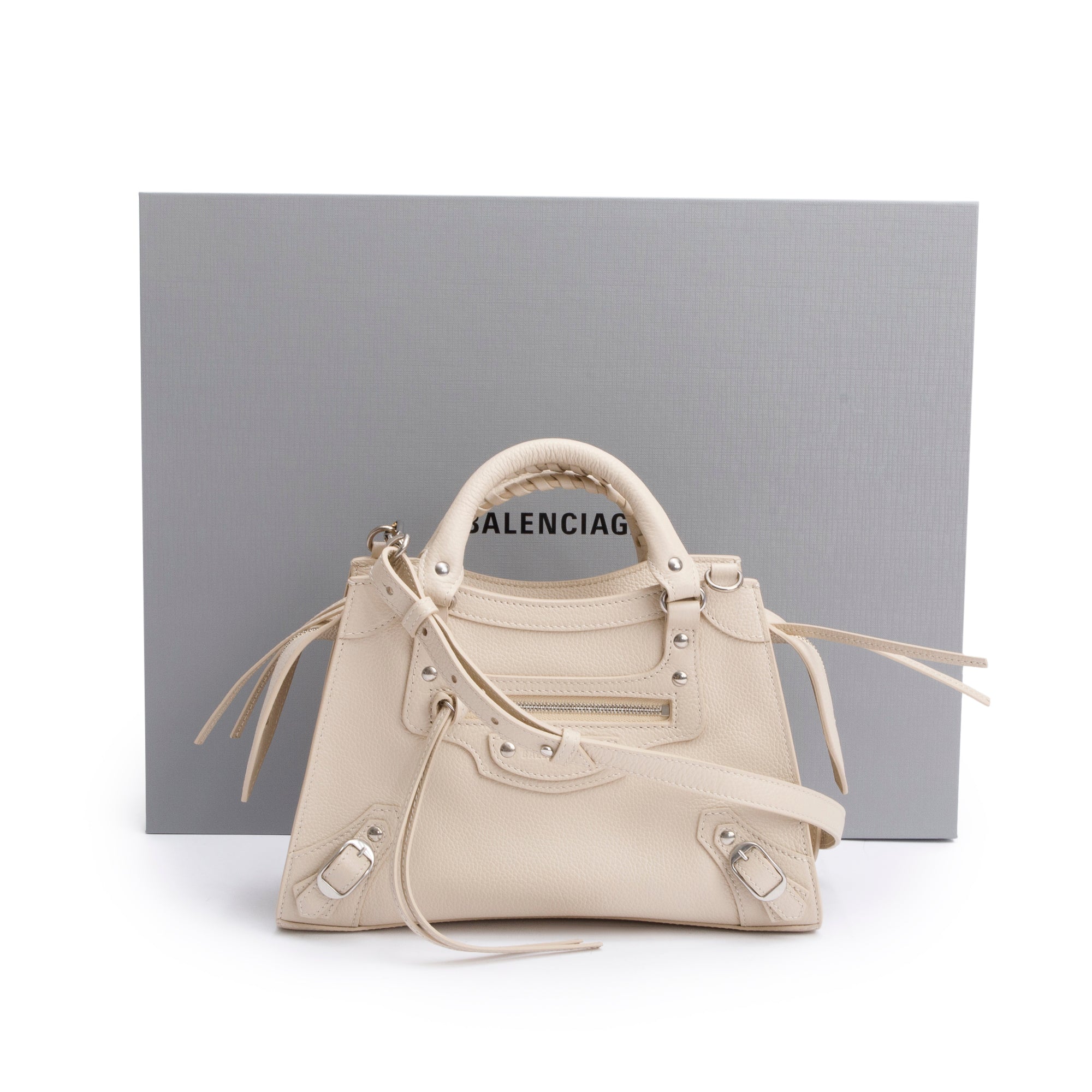 Balenciaga 2022 Beige Calfskin Leather Neo Classic XS City Bag w/ Strap , Receipt & Box