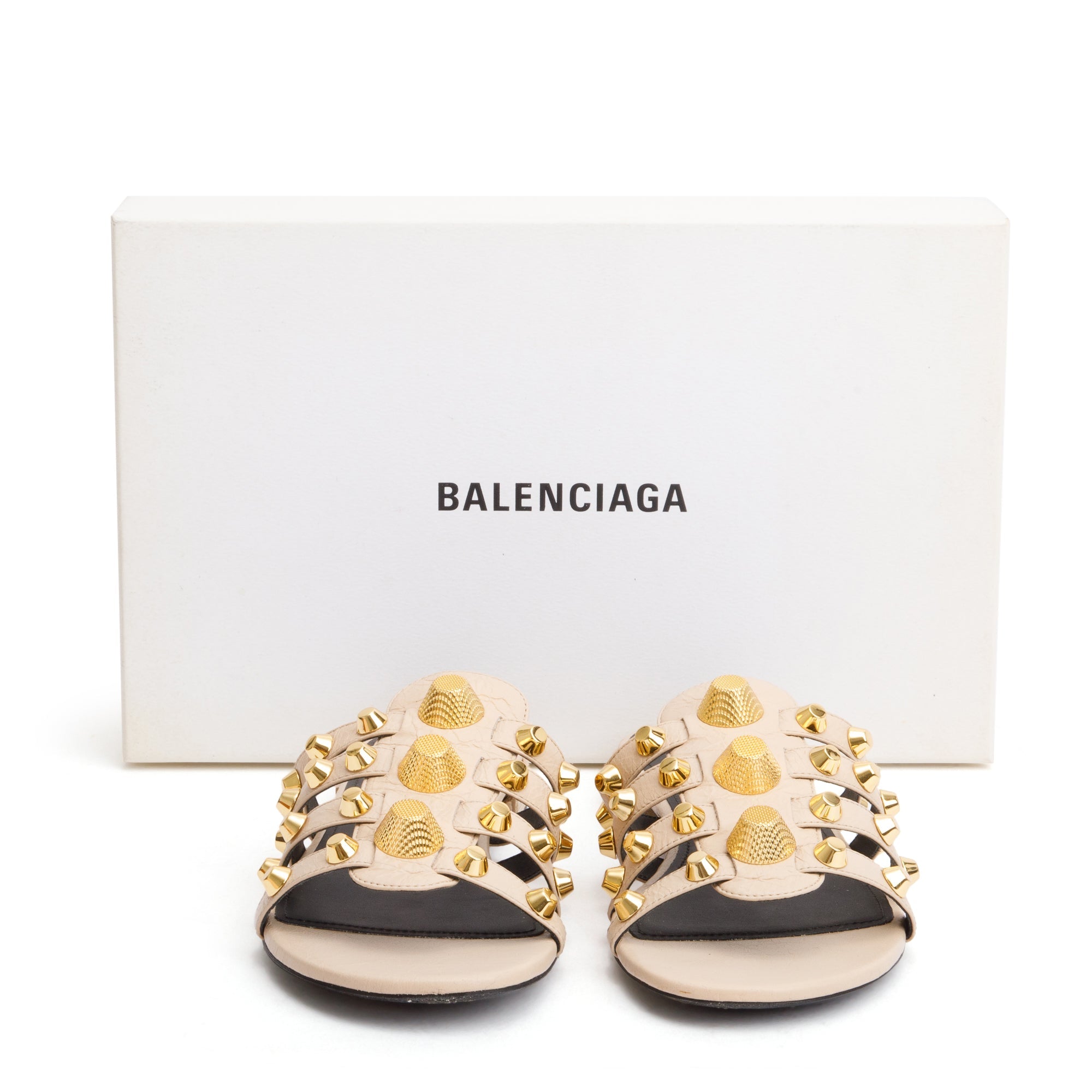 Balenciaga Beige Arena Leather Classic Stud Slide Sandals, Size 40 w/ Box