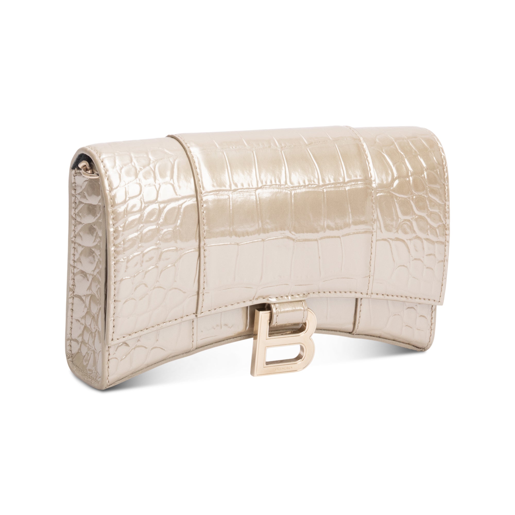 Balenciaga Beige Croc Embossed Hourglass Wallet on Chain