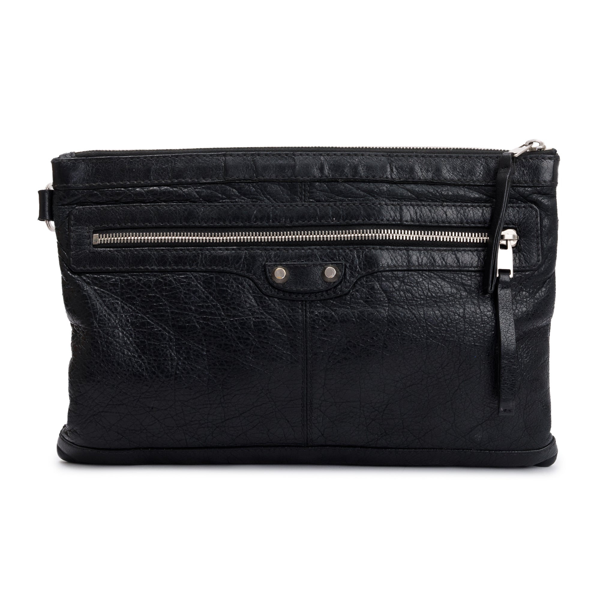 Balenciaga Black Agneau Arena Leather Motocross Classic Clip L Pouch