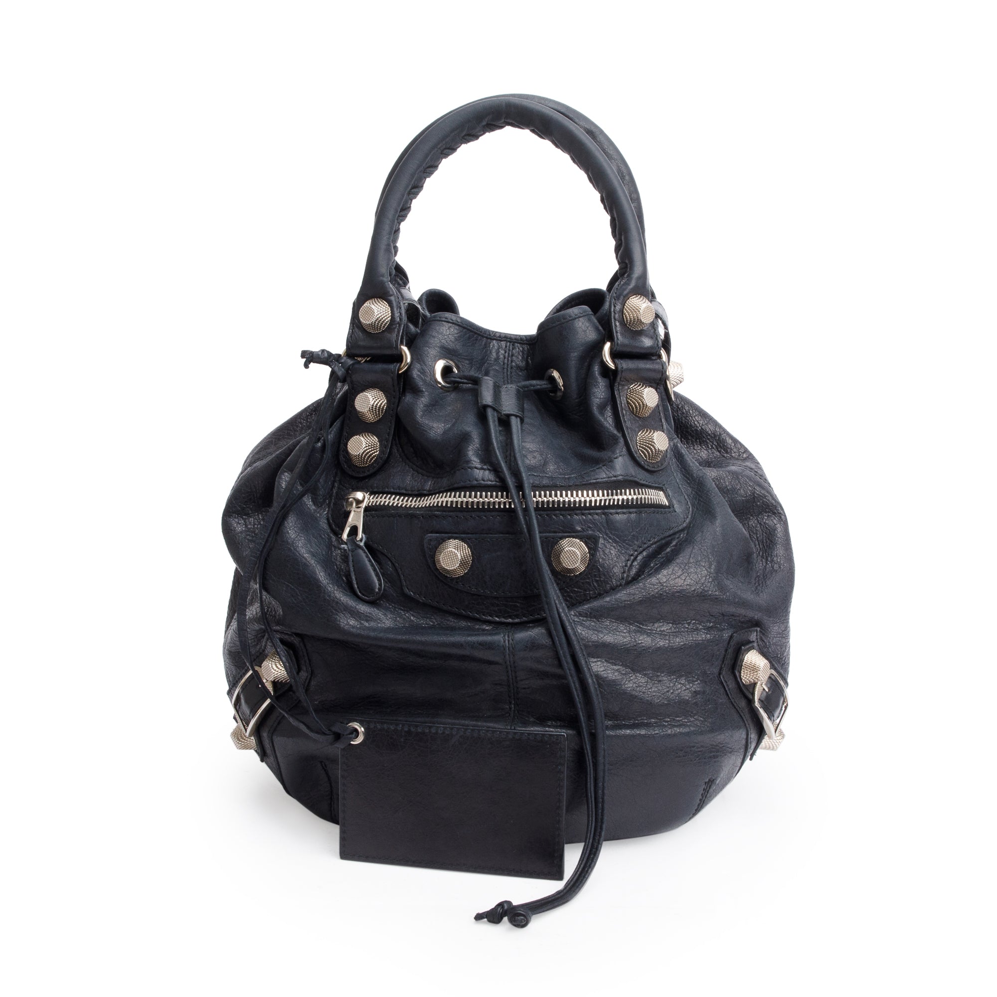 Balenciaga Black Agneau Leather Motocross Giant 12 Large Pom Pom Bag w/ Strap