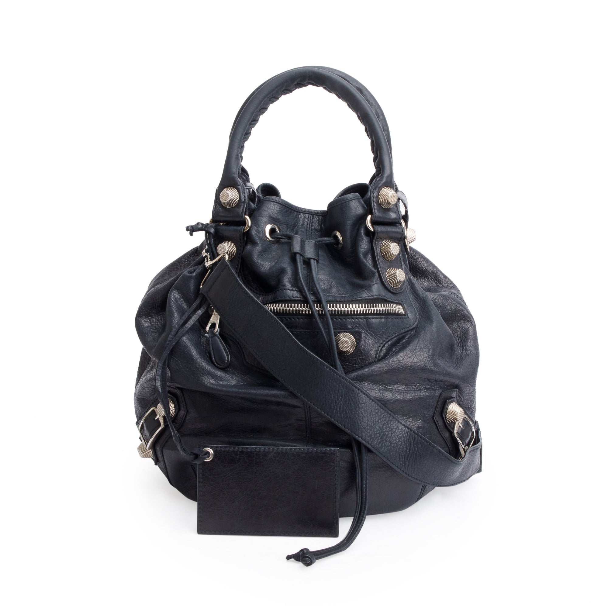 Balenciaga Black Agneau Leather Motocross Giant 12 Large Pom Pom Bag w/ Strap