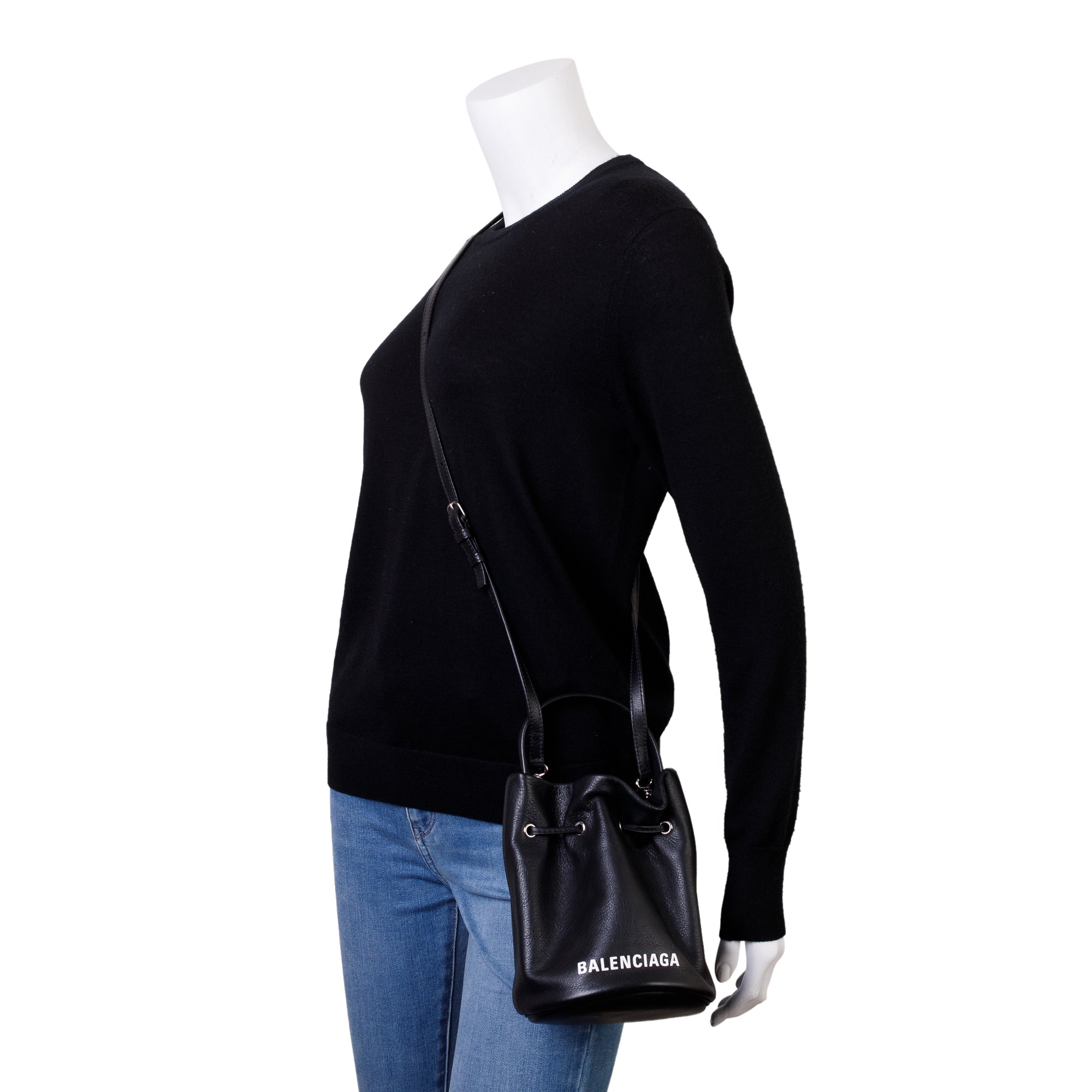 Balenciaga Black Calfskin Leather Everyday XS Drawstring Bucket Bag w/ Strap