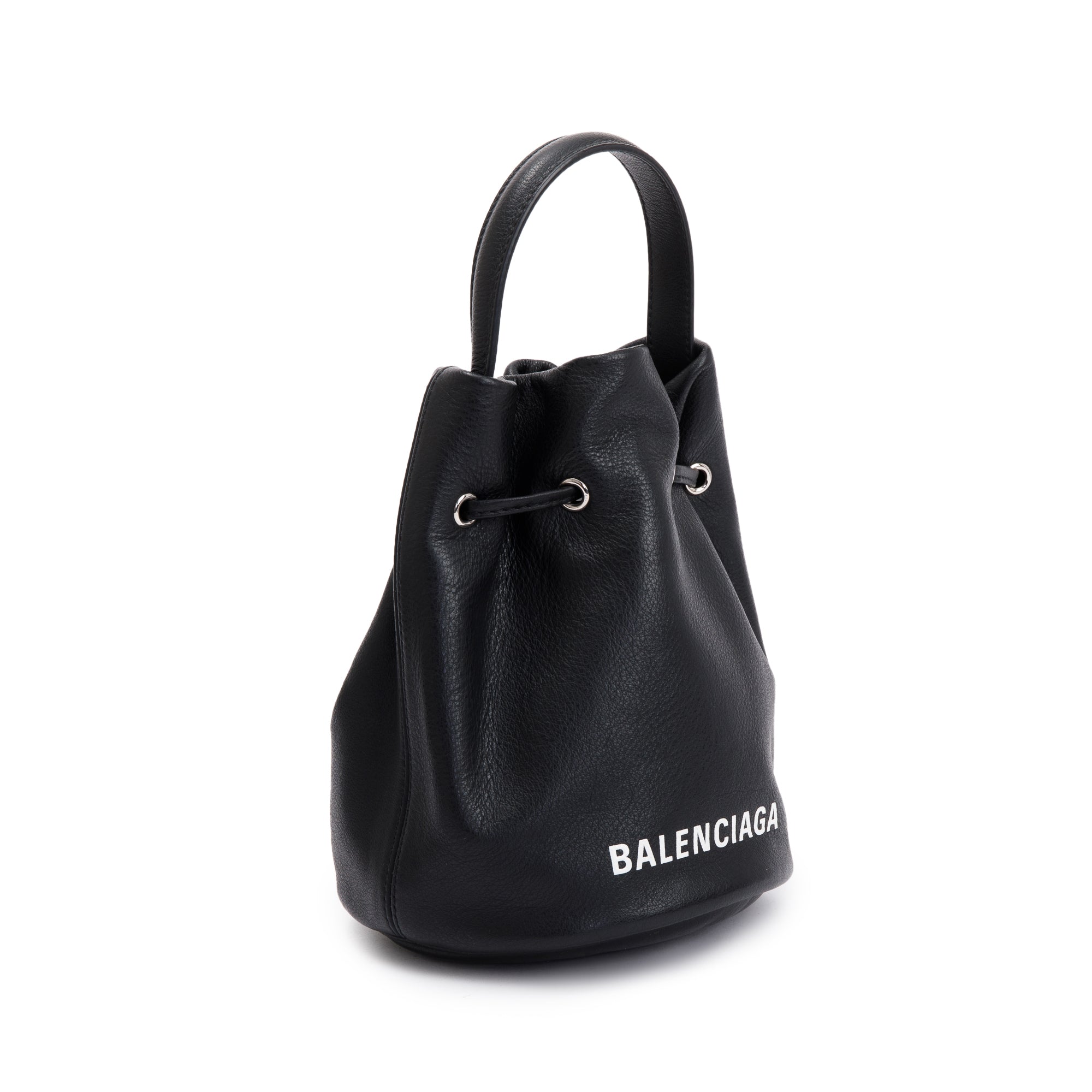 Balenciaga Black Calfskin Leather Everyday XS Drawstring Bucket Bag w/ Strap