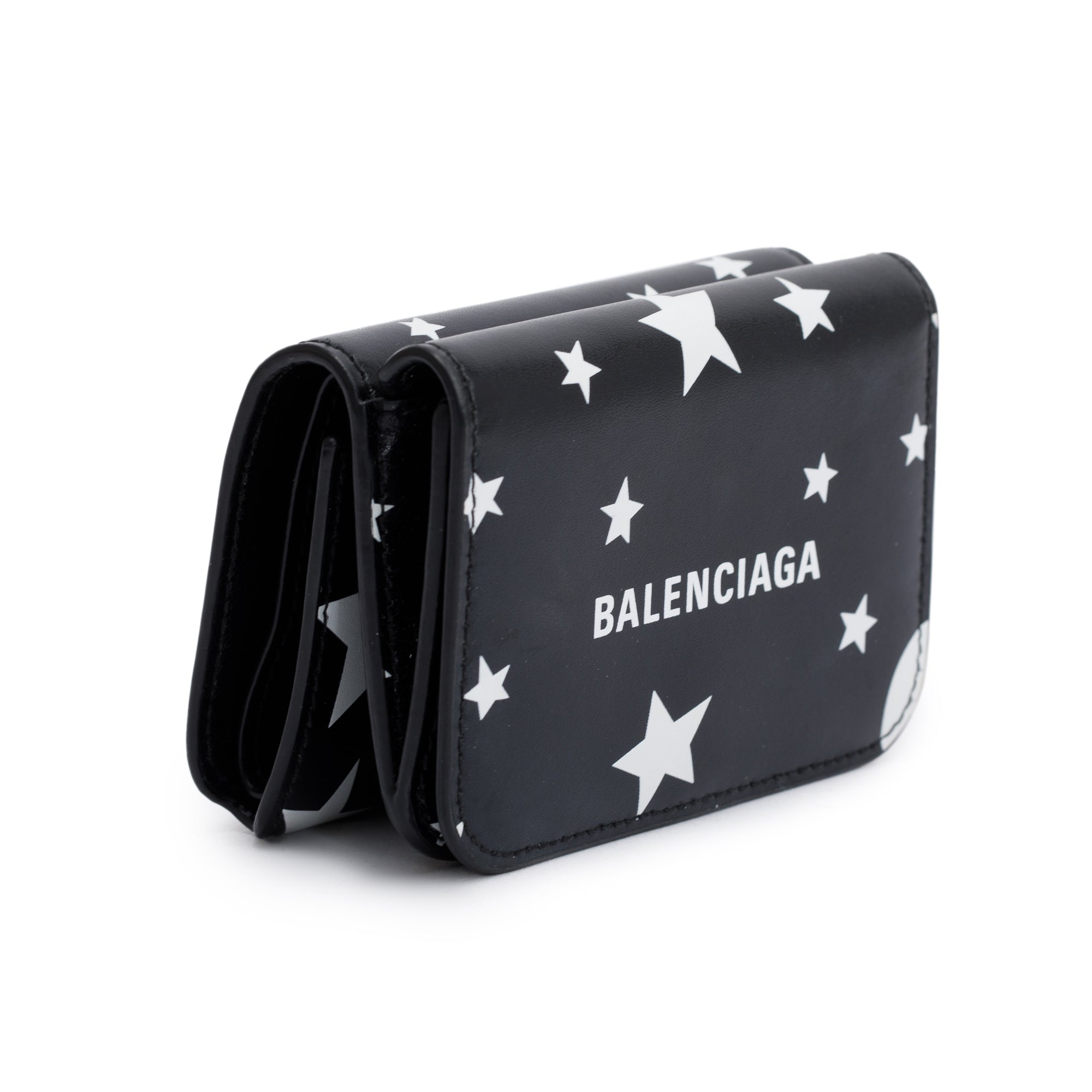 Balenciaga Black Calfskin Leather Logo Star Everyday Mini Compact Wallet w/ Box