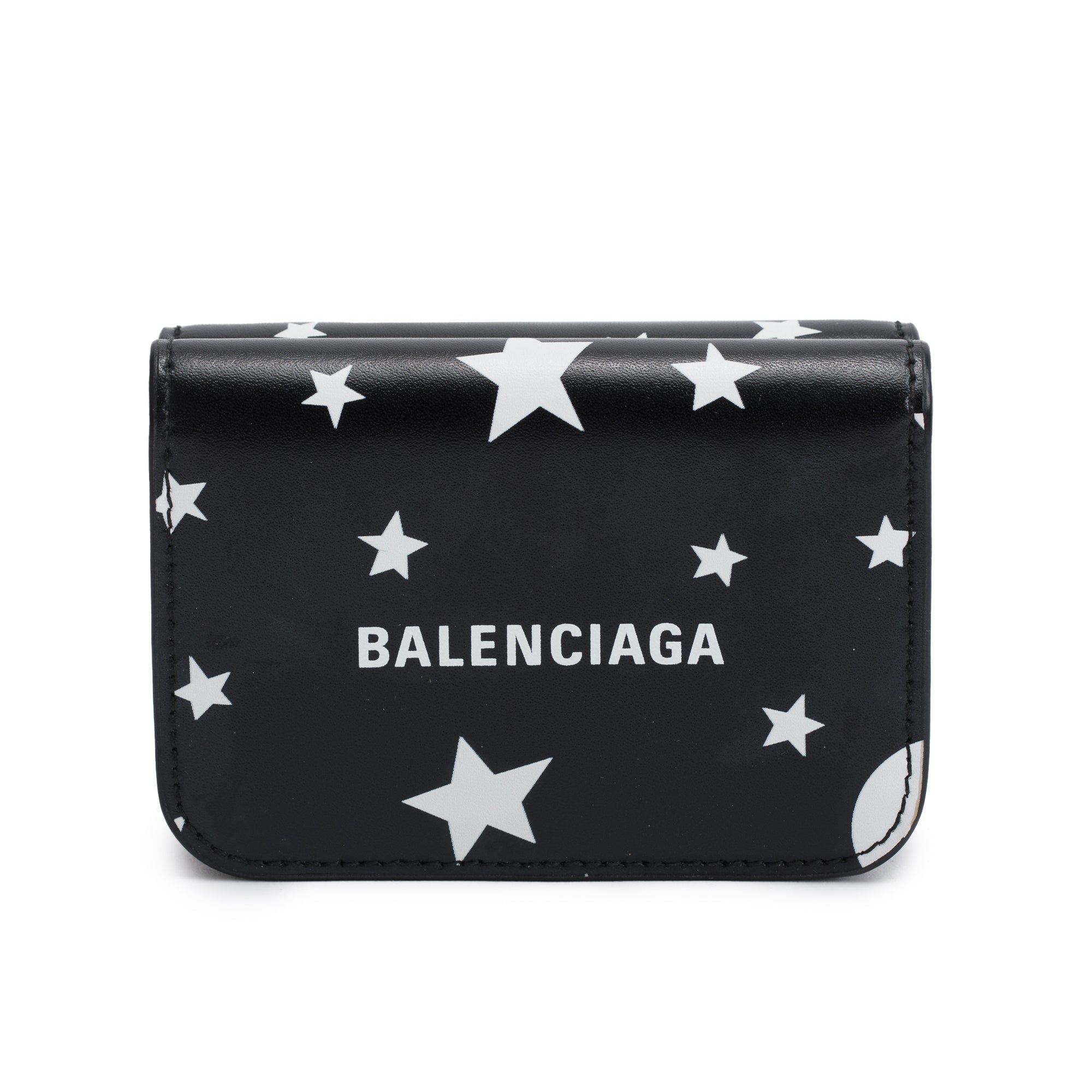 Balenciaga Black Calfskin Leather Logo Star Everyday Mini Compact Wallet w/ Box
