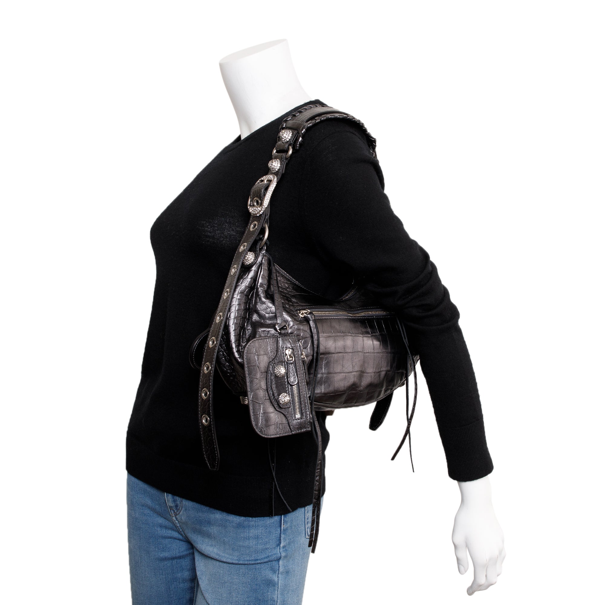 Balenciaga Black Croc-Embossed Arena Leather Rhinestones Le Cagole Small Shoulder Bag