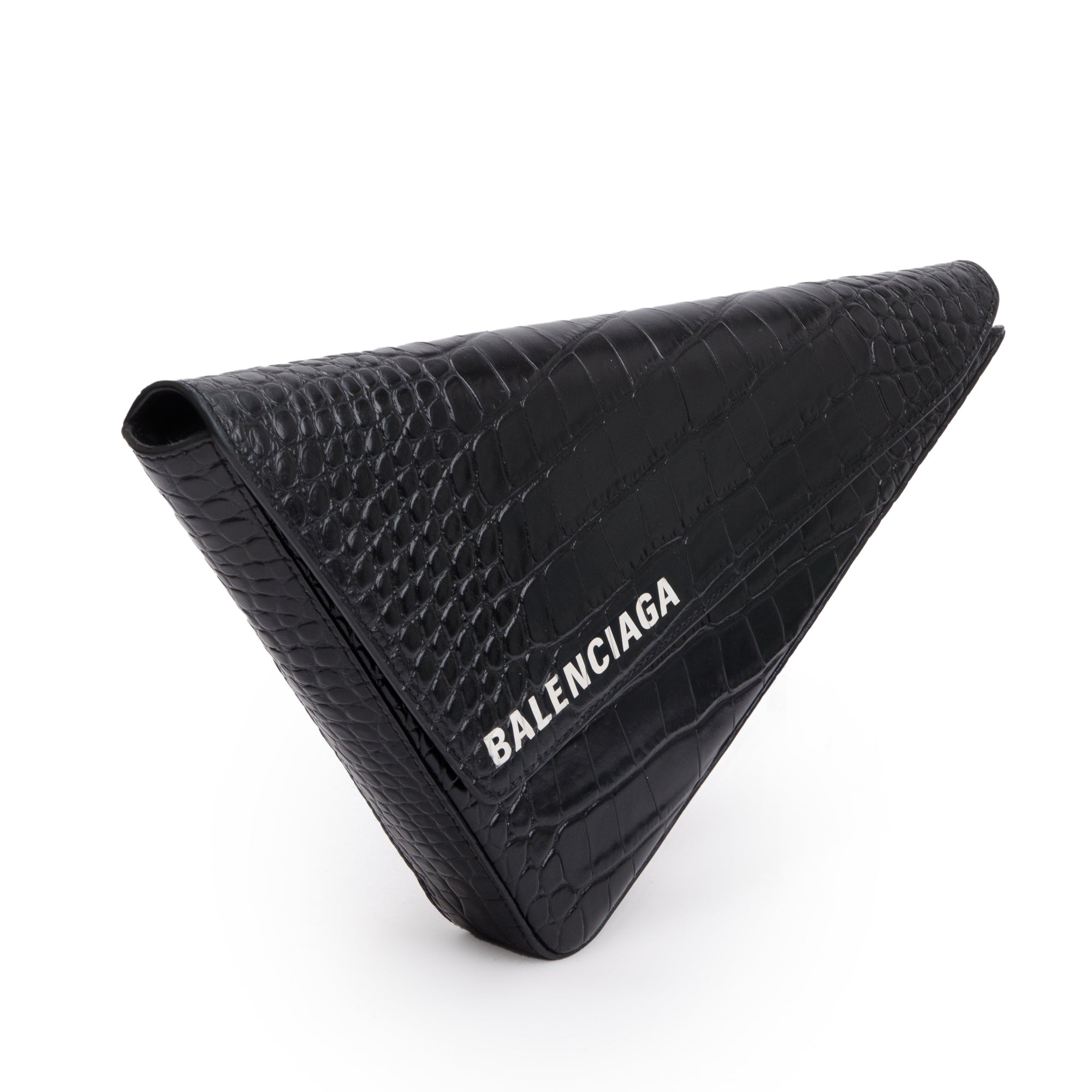 Balenciaga Black Croc-Embossed Calfskin Leather Triangle Clutch w/ Strap