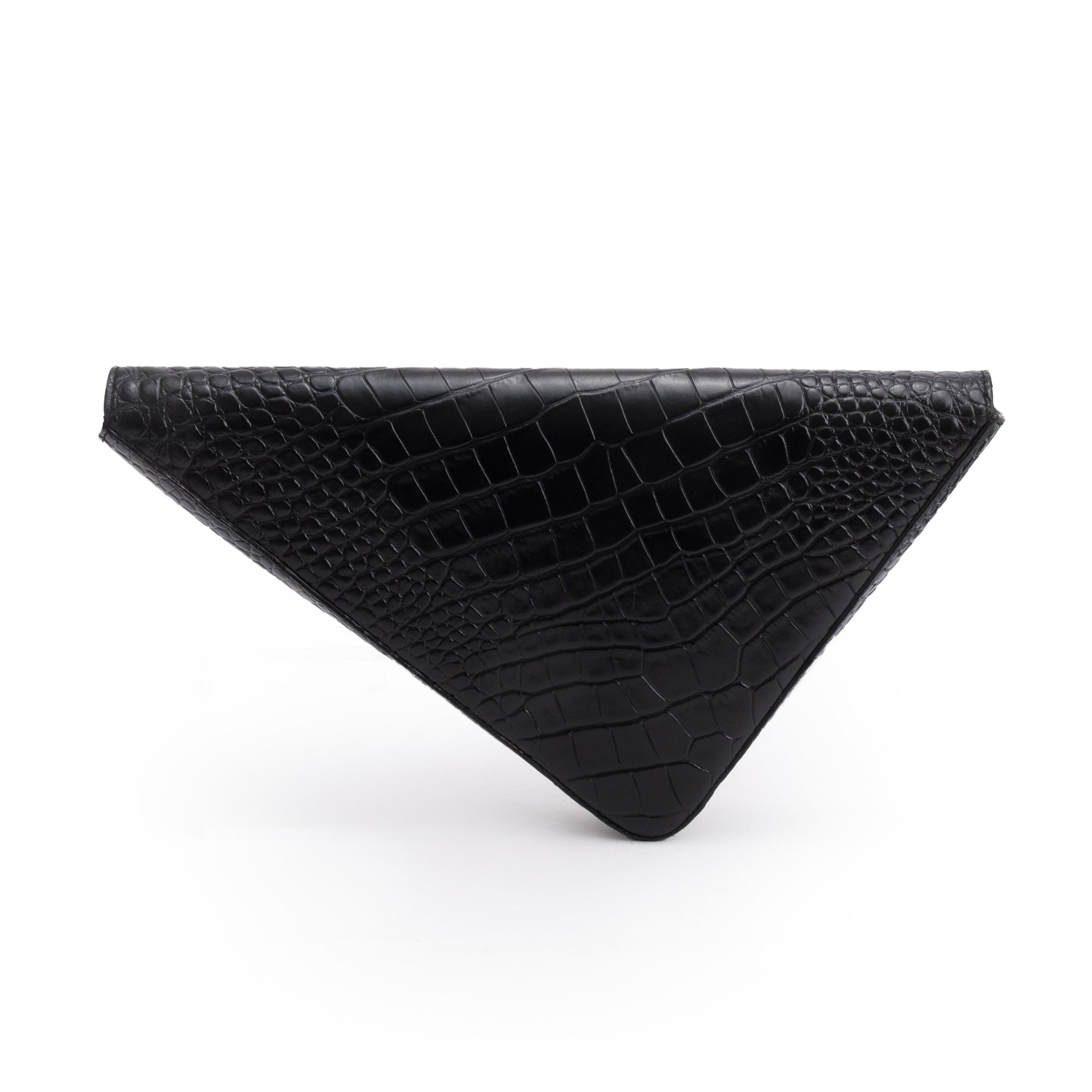 Balenciaga Black Croc-Embossed Calfskin Leather Triangle Clutch w/ Strap