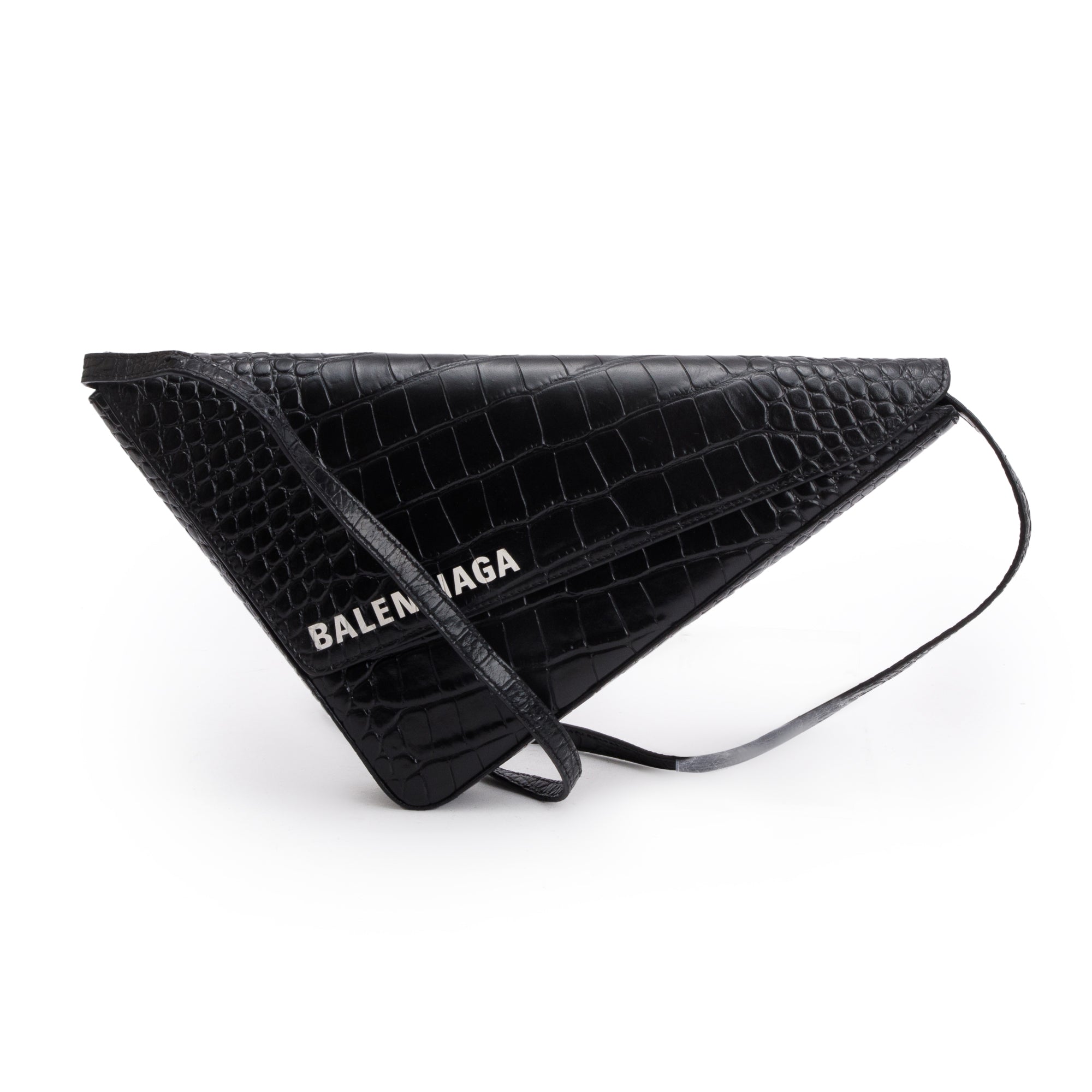 Balenciaga Black Croc-Embossed Calfskin Leather Triangle Clutch w/ Strap
