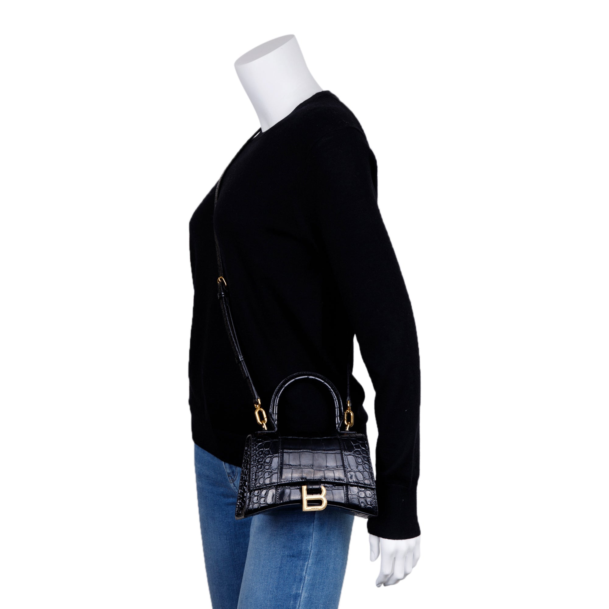 Balenciaga Black Croc-Embossed Hourglass XS Top Handle Bag w/ Strap