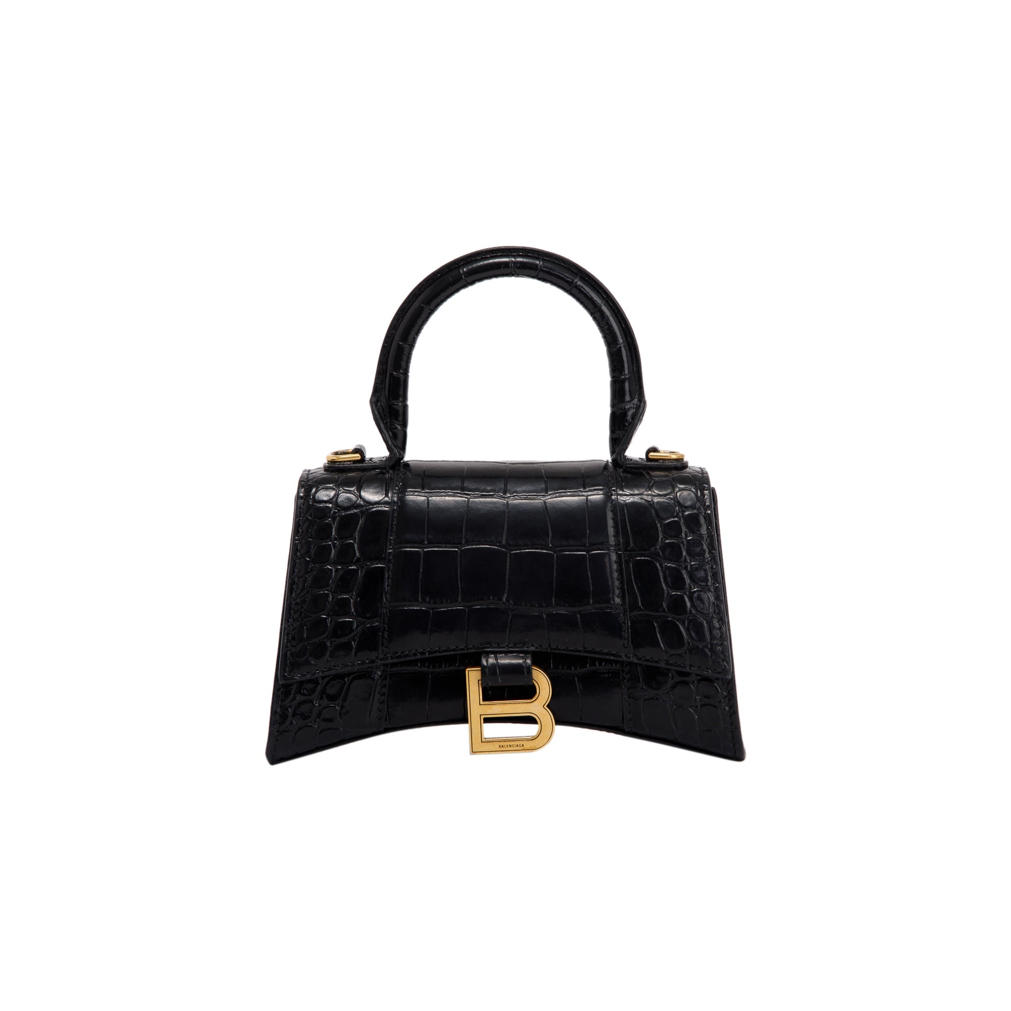 Balenciaga Black Croc-Embossed Hourglass XS Top Handle Bag w/ Strap