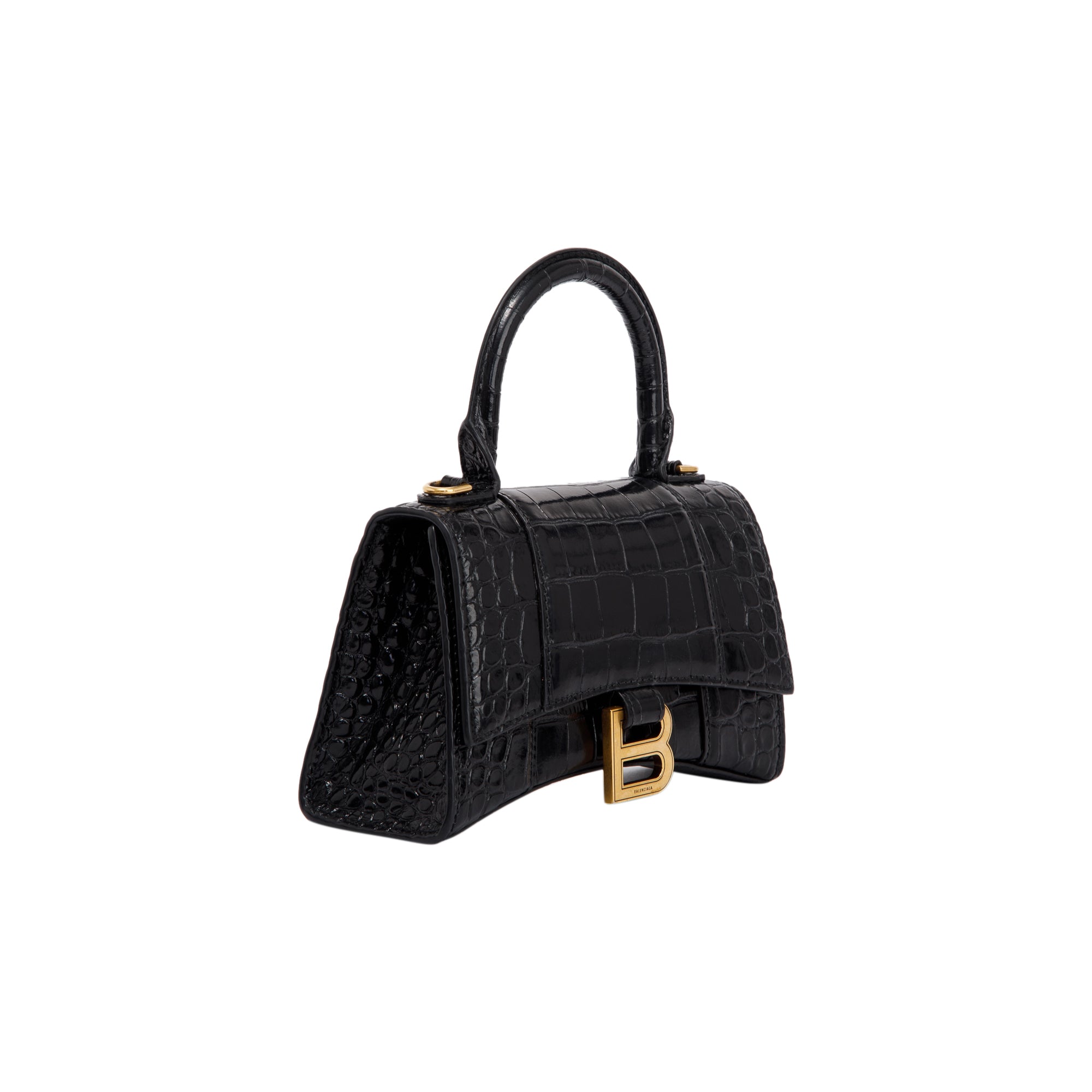 Balenciaga Black Croc-Embossed Hourglass XS Top Handle Bag w/ Strap