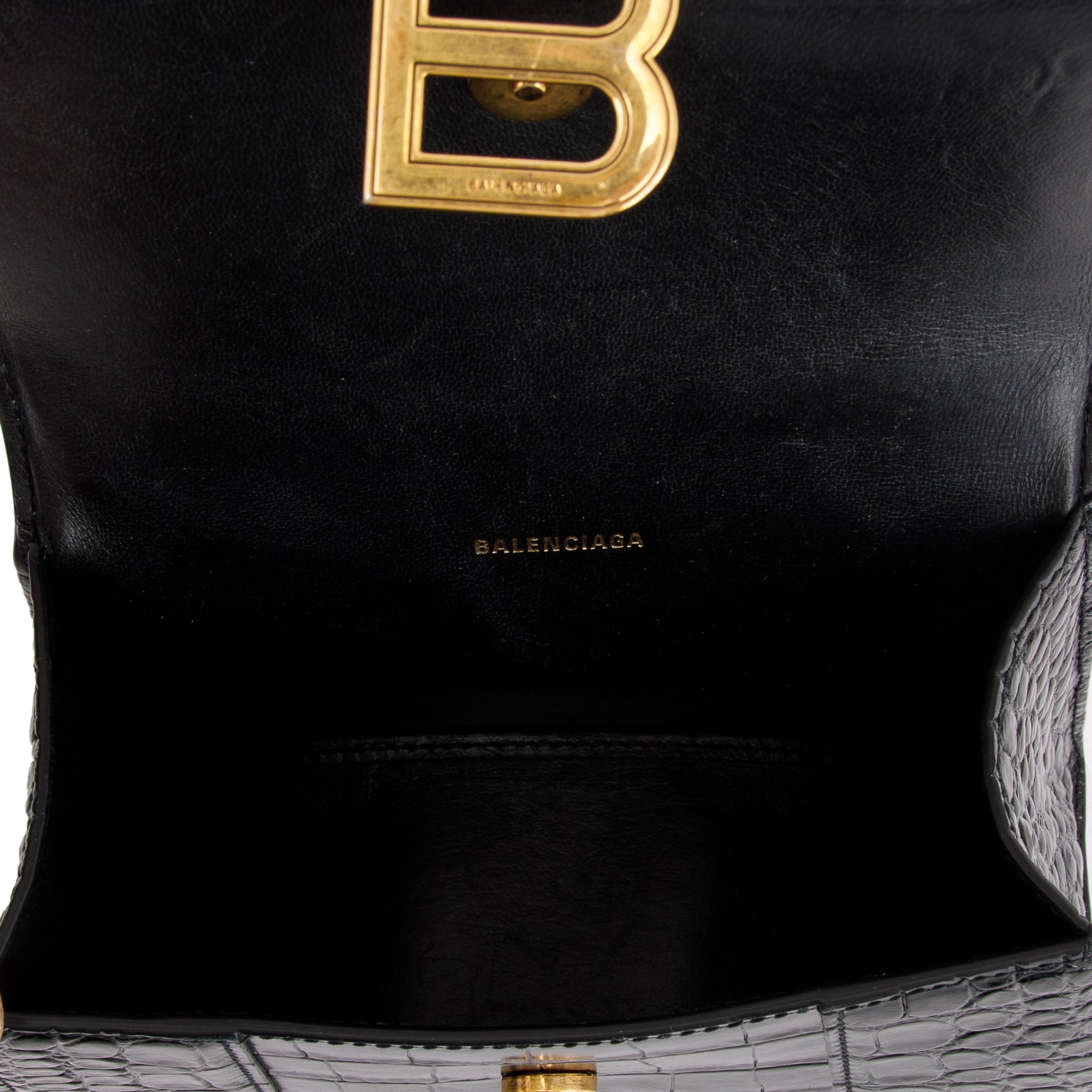 Balenciaga Black Croc-Embossed Hourglass XS Top Handle Bag w/ Strap