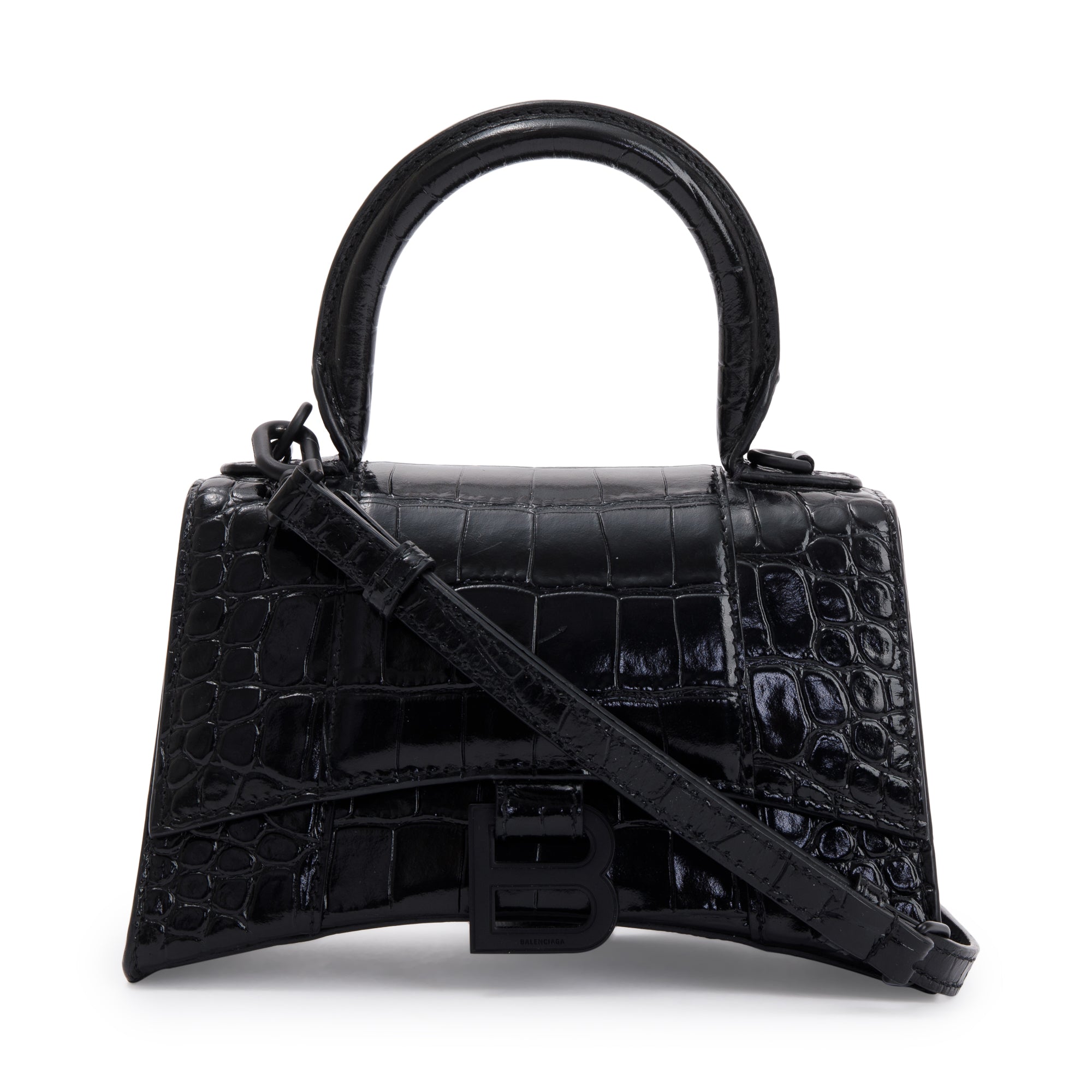 Balenciaga Black Croc-Embossed Hourglass XS Top Handle Bag