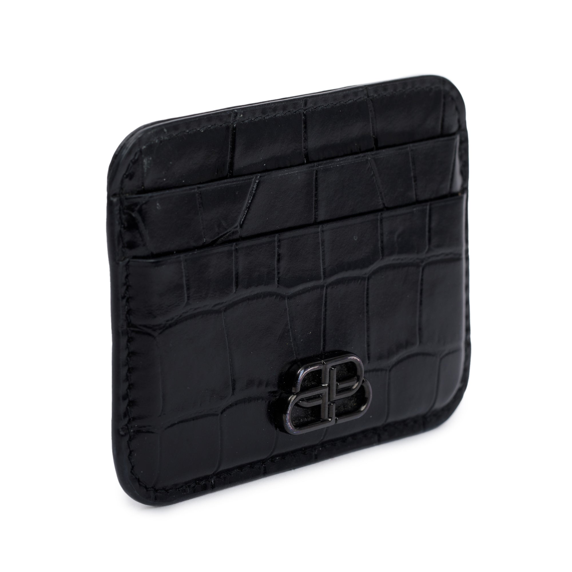 Balenciaga Black Croc-Embossed Leather BB Card Case
