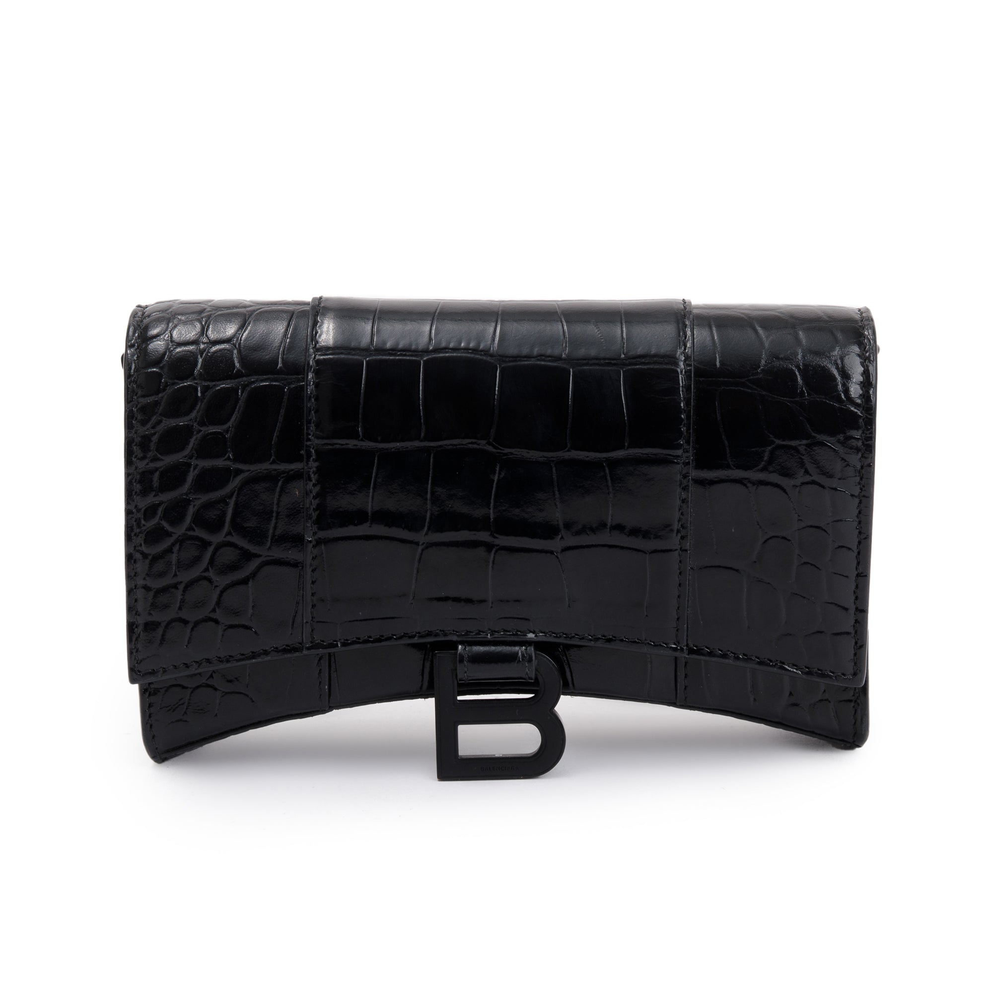 Balenciaga Black Croc-Embossed Leather Hourglass Wallet on Chain