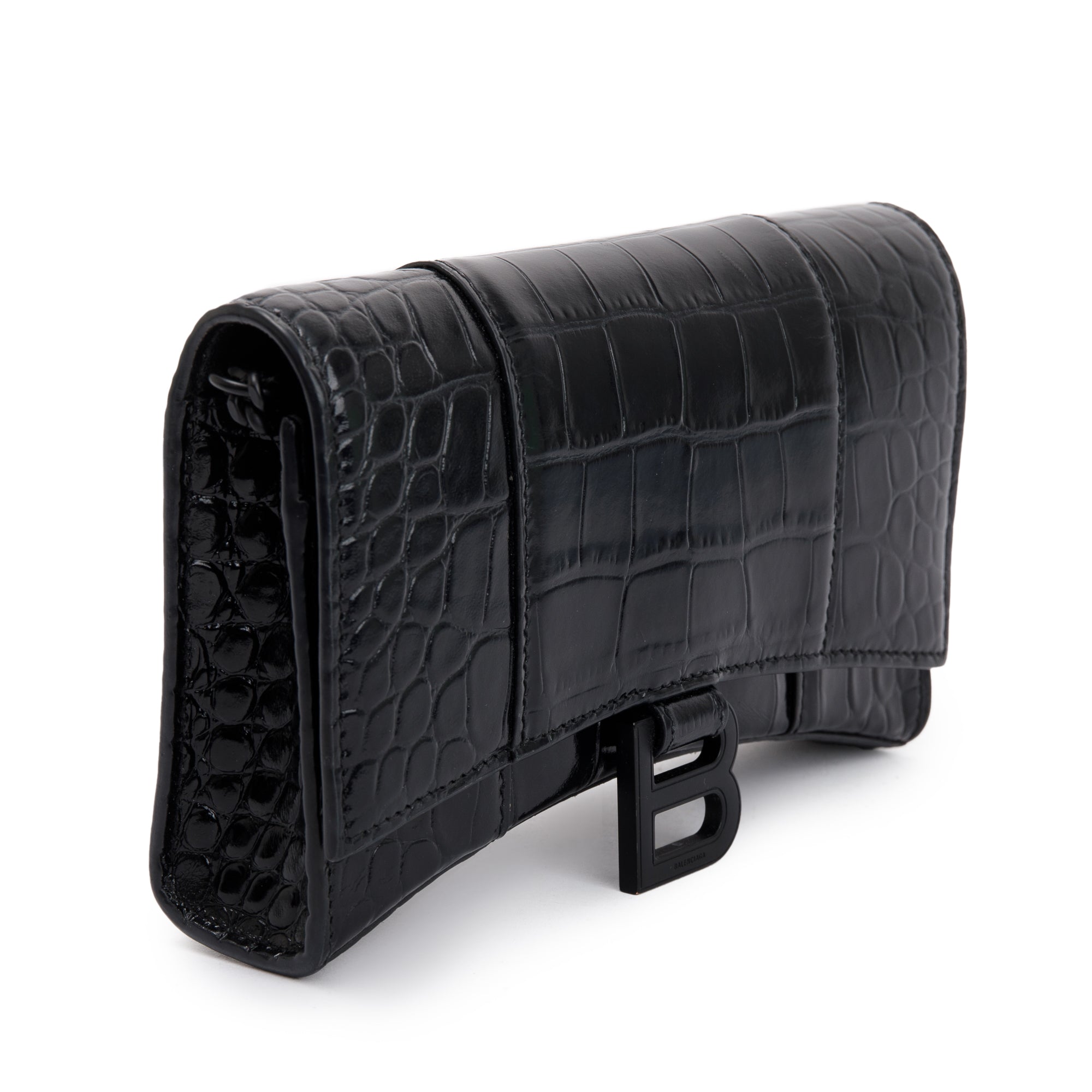 Balenciaga Black Croc-Embossed Leather Hourglass Wallet on Chain