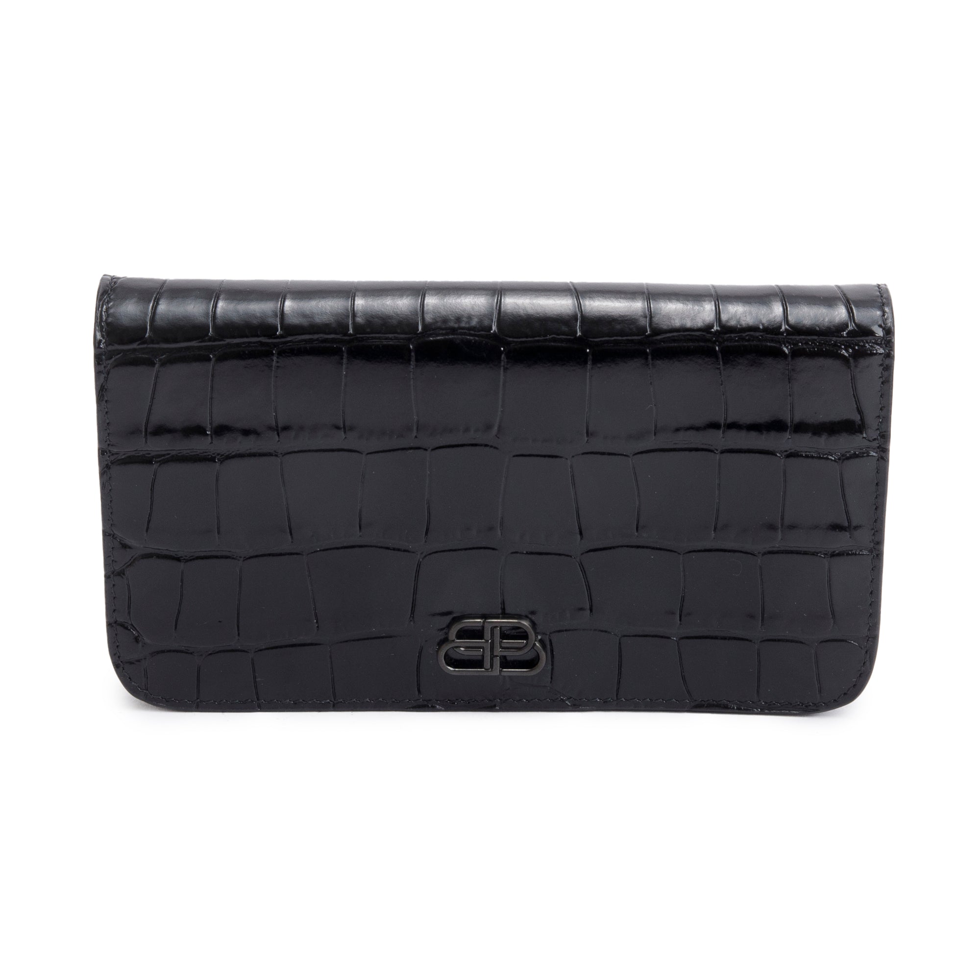 Balenciaga Black Croc-Embossed Leather Phone Holder Wallet on Chain w/ Box