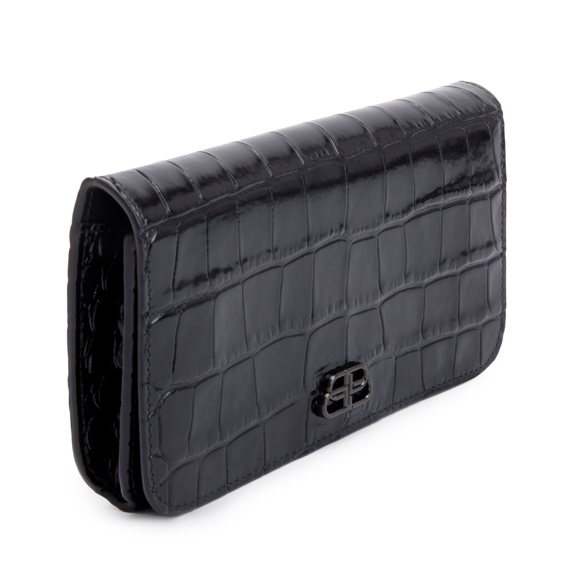 Balenciaga Black Croc-Embossed Leather Phone Holder Wallet on Chain w/ Box