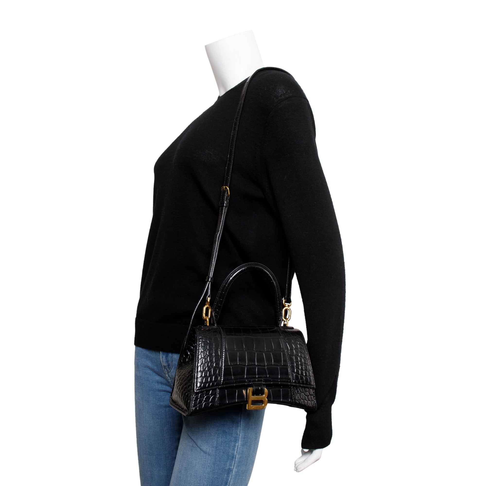 Balenciaga Black Croc-Embossed Leather Small Hourglass Top Handle Bag w/ Strap