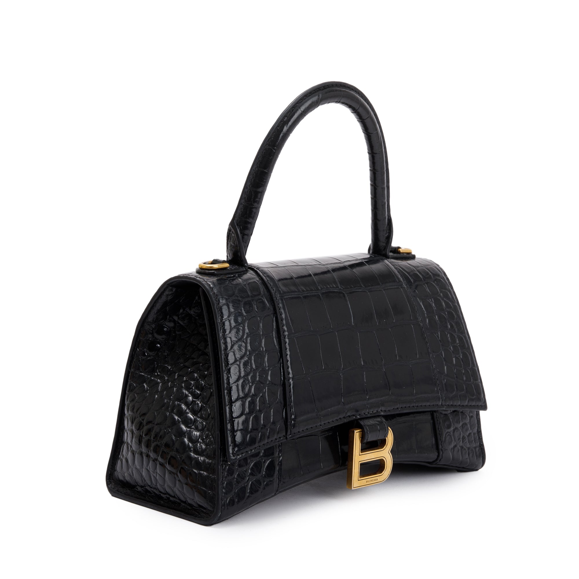 Balenciaga Black Croc-Embossed Leather Small Hourglass Top Handle Bag w/ Strap