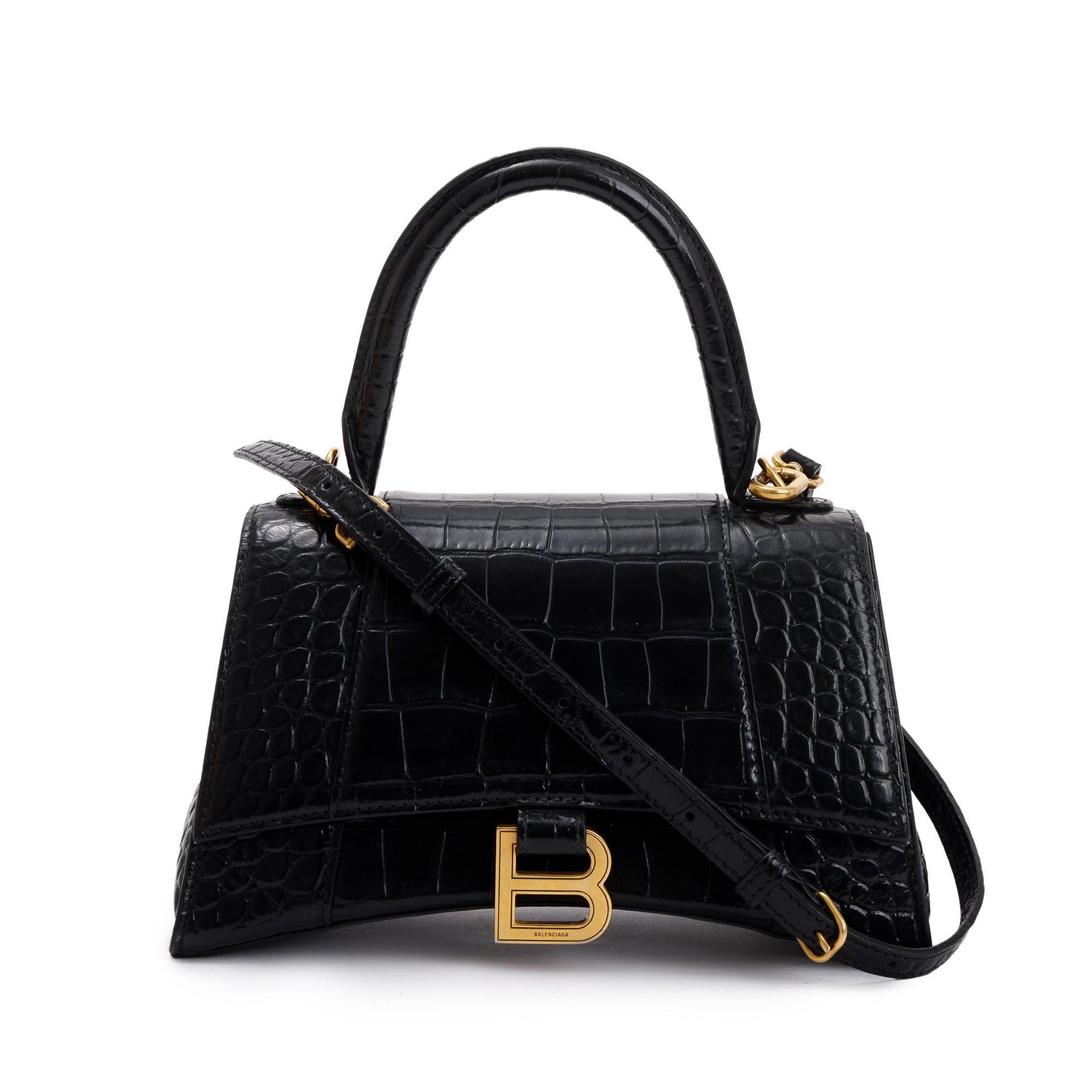 Balenciaga Black Croc-Embossed Leather Small Hourglass Top Handle Bag w/ Strap