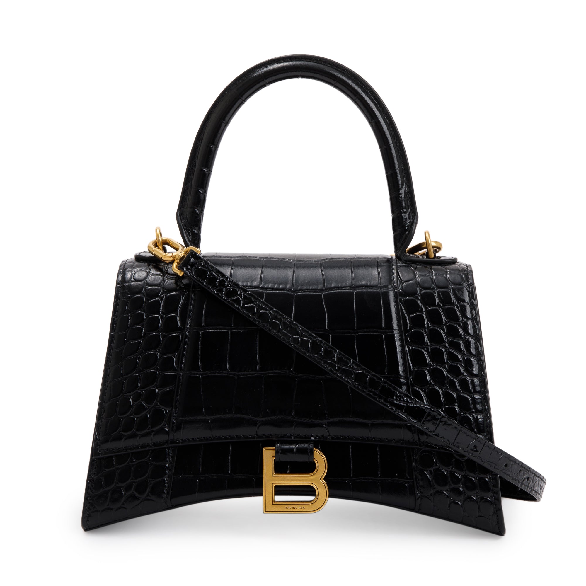 Balenciaga Black Croc-Embossed Leather Small Hourglass Top Handle Bag w/ Strap