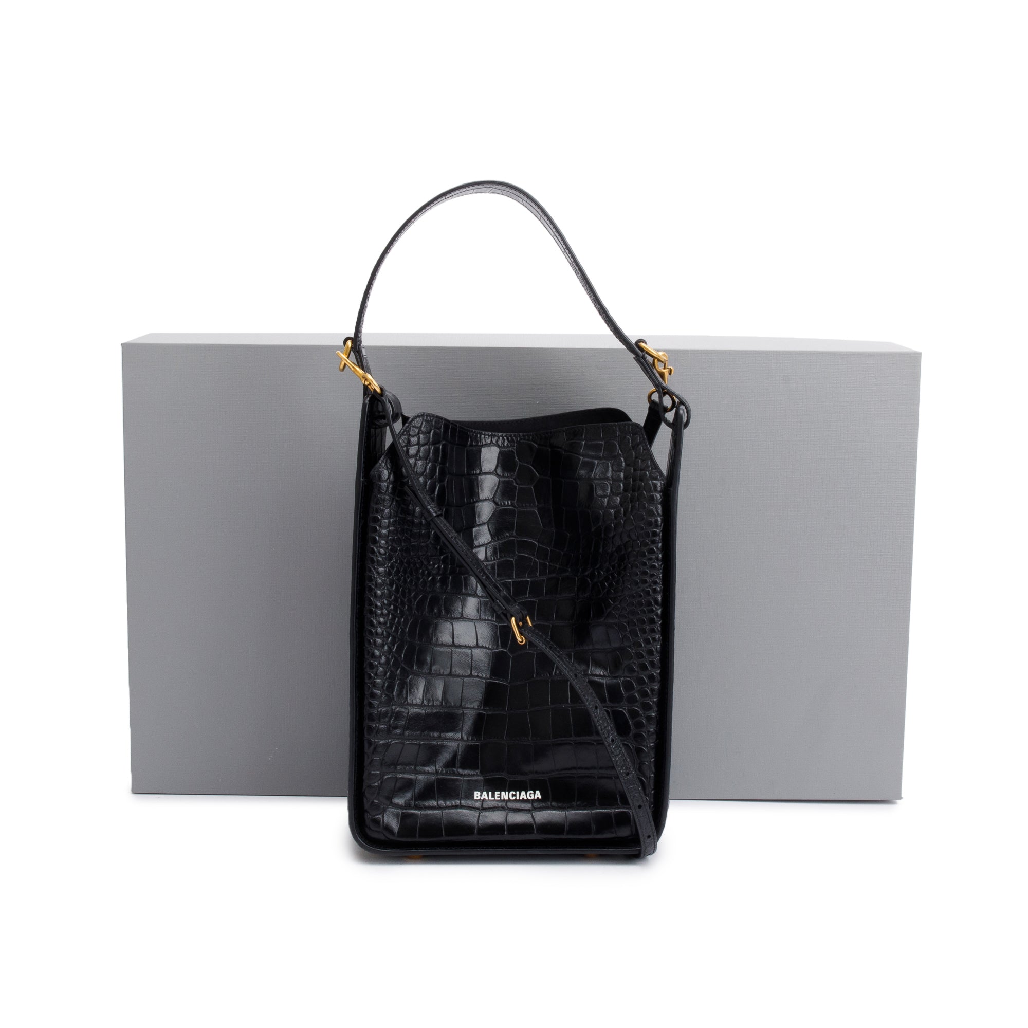 Balenciaga Black Croc-Embossed Leather Tool 2.0 Small N/S Tote w/ Strap & Box