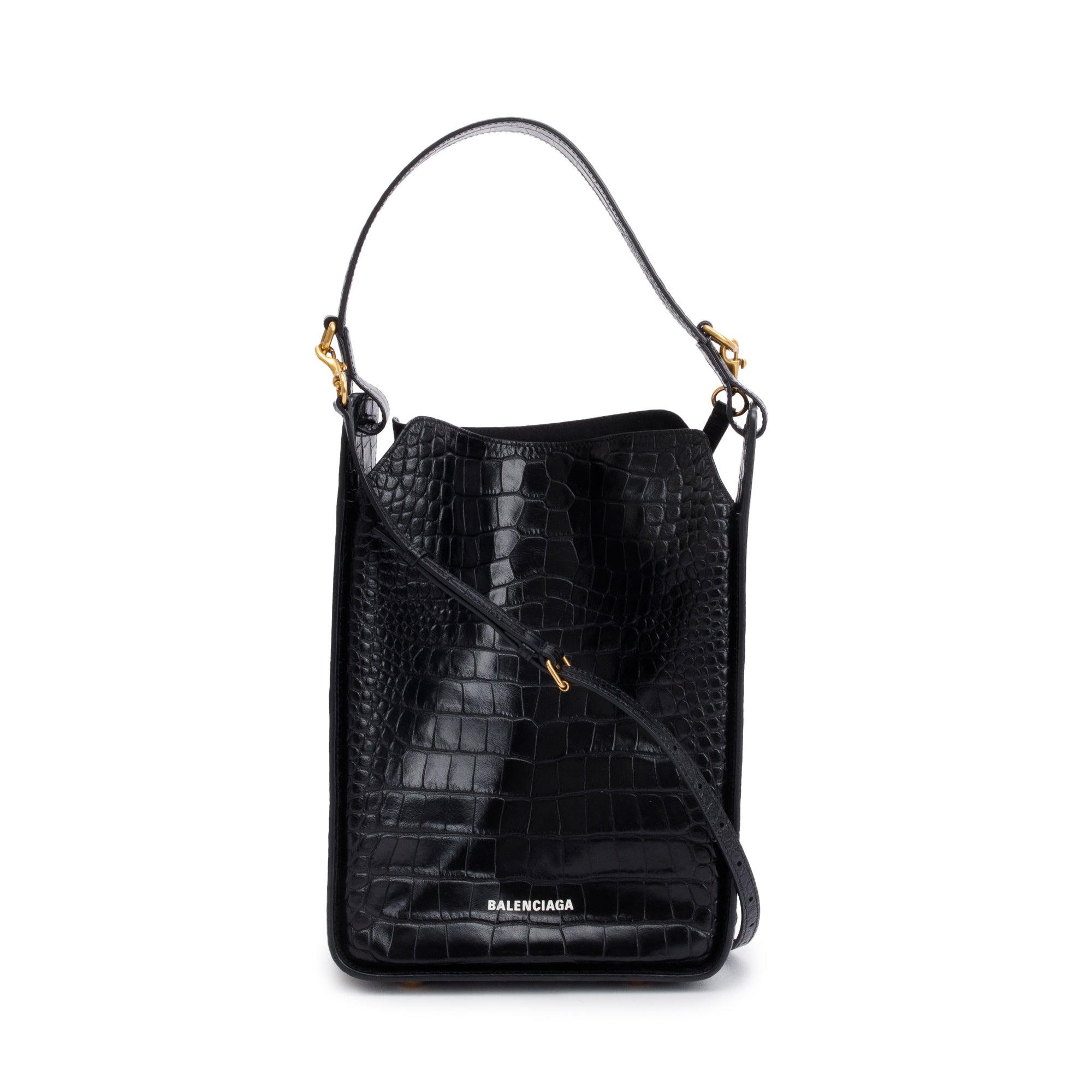 Balenciaga Black Croc-Embossed Leather Tool 2.0 Small N/S Tote w/ Strap & Box