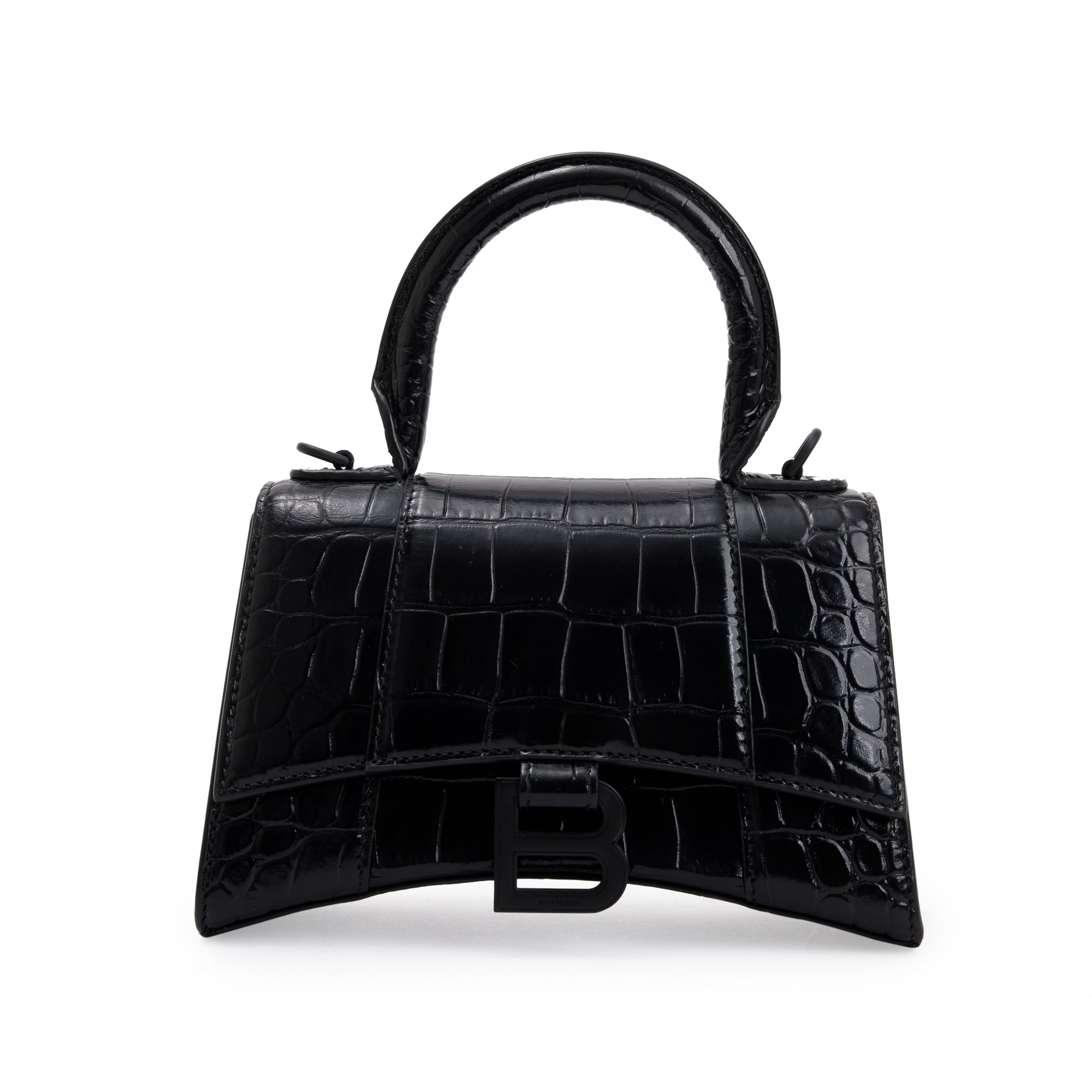 Balenciaga Black Croc-Embossed Leather XS Hourglass Top Handle Bag w/ Strap