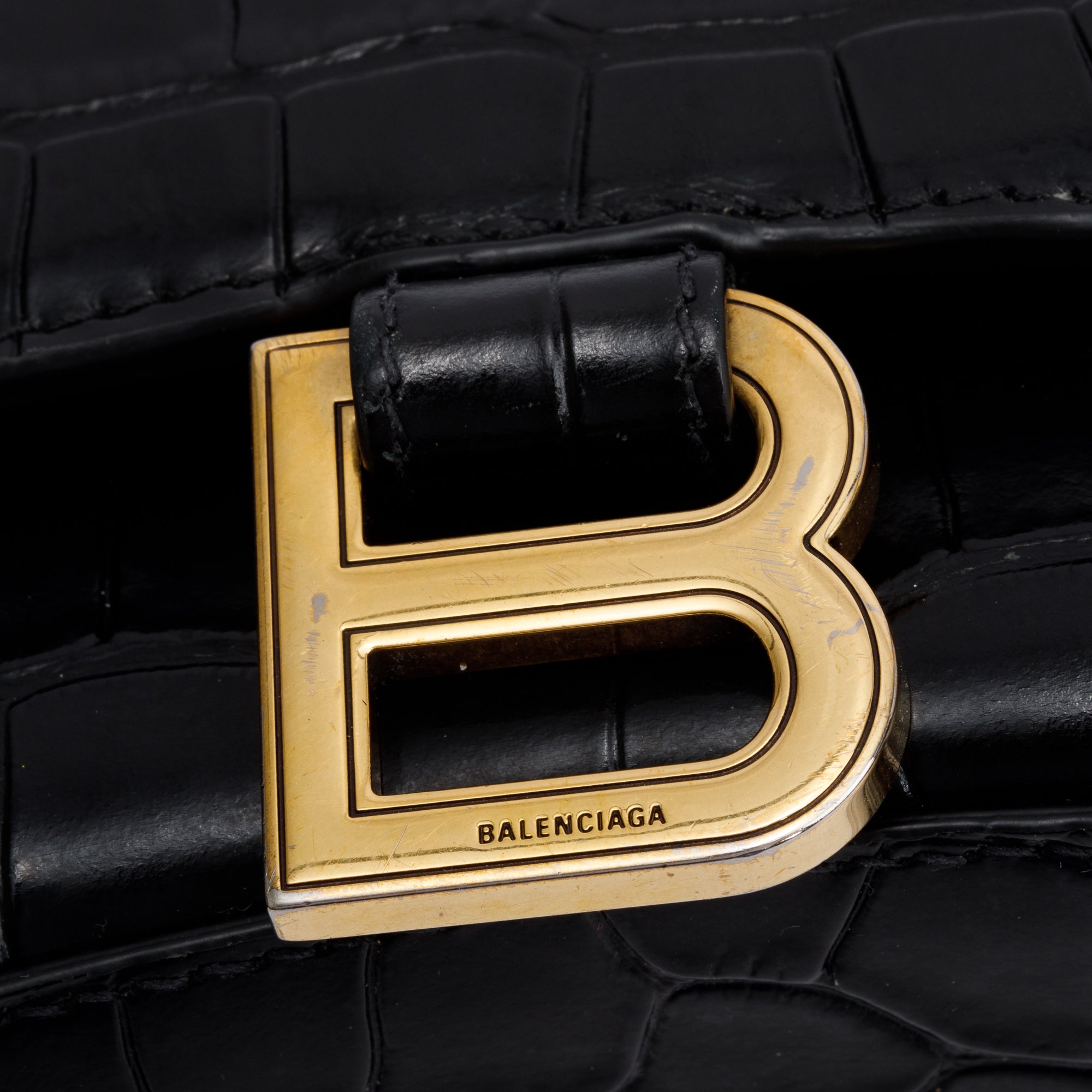 Balenciaga Black Croc-Embossed Leather XS Hourglass Top Handle Bag w/ Strap