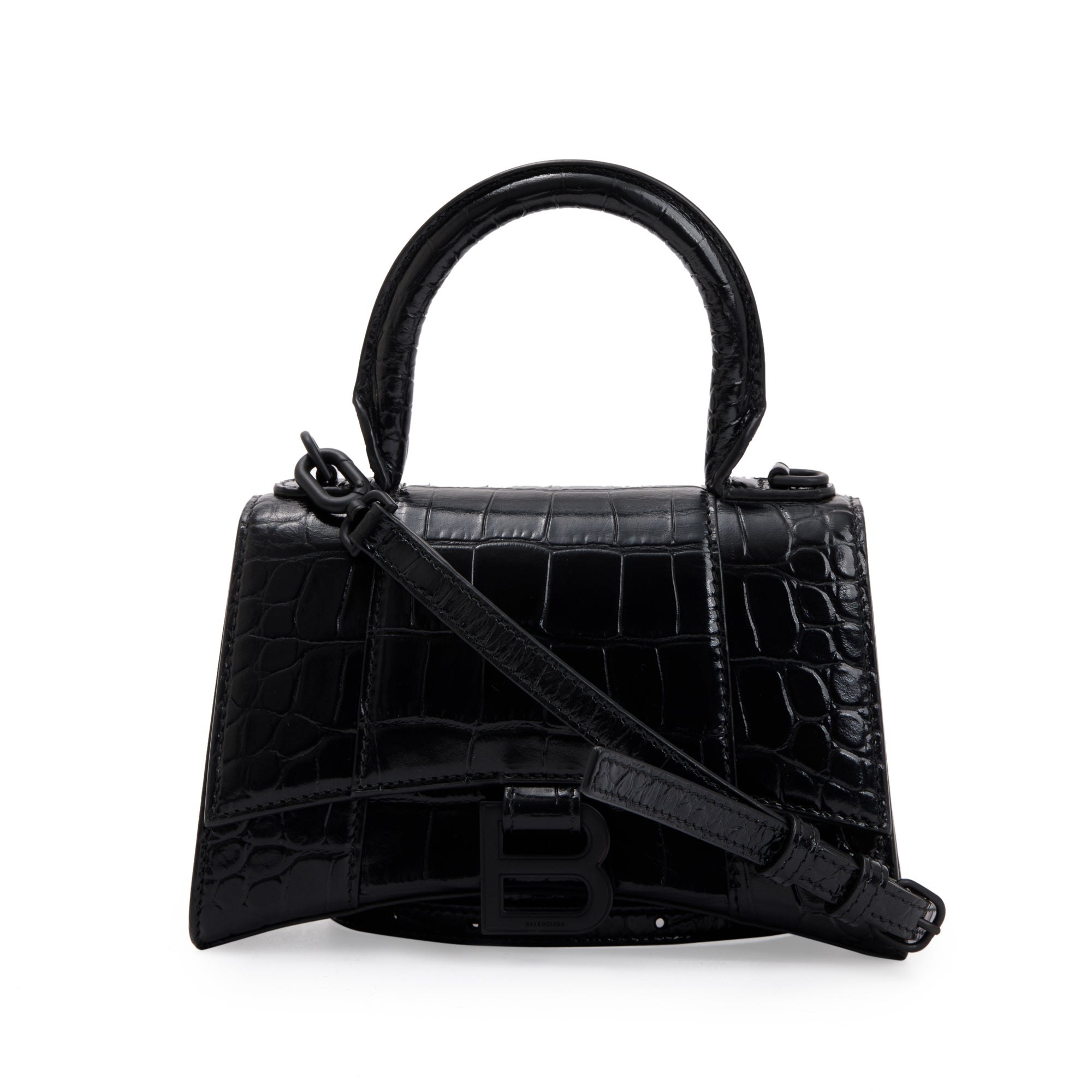 Balenciaga Black Croc-Embossed Leather XS Hourglass Top Handle Bag w/ Strap