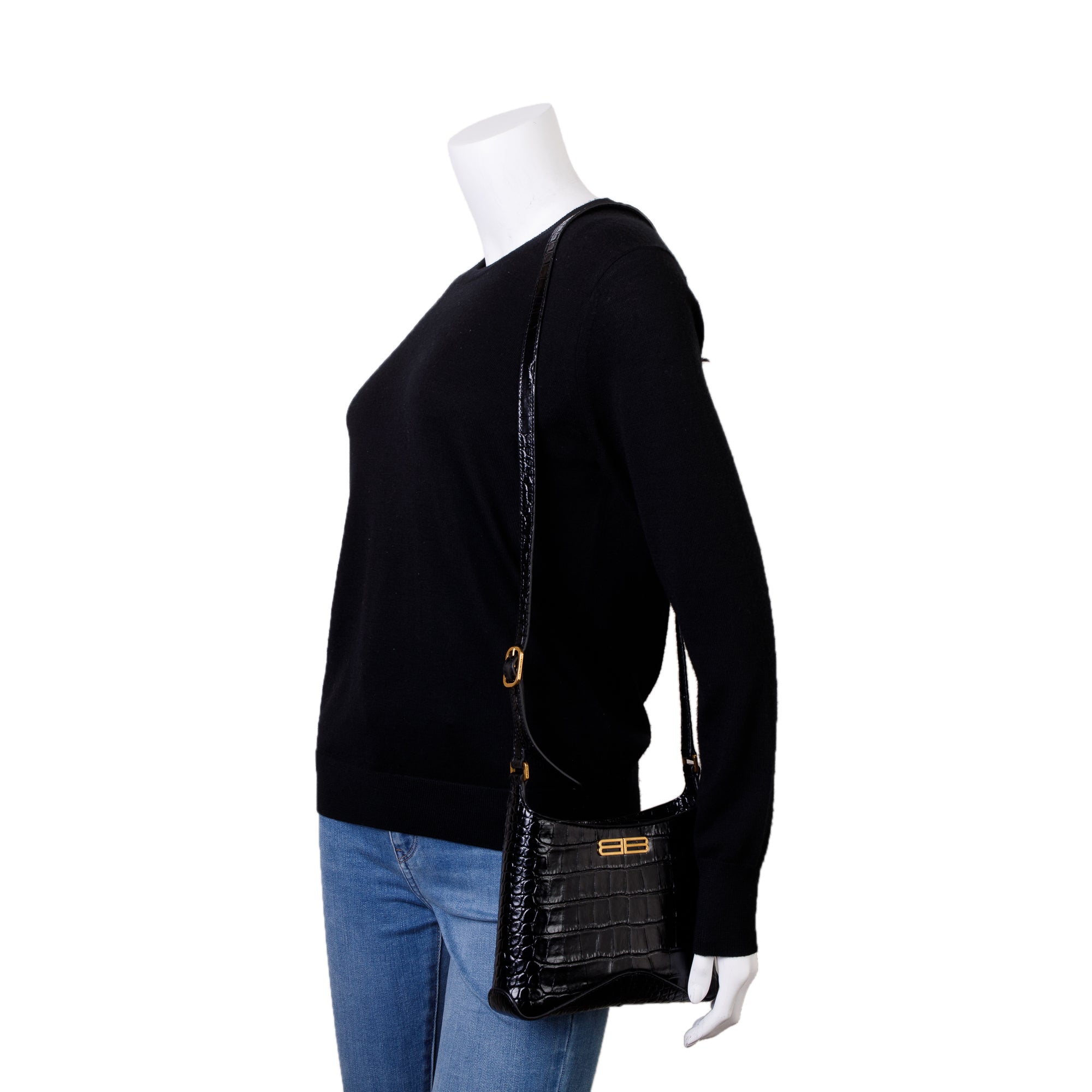 Balenciaga Black Croc-Embossed Leather Xx Small Hobo Bag