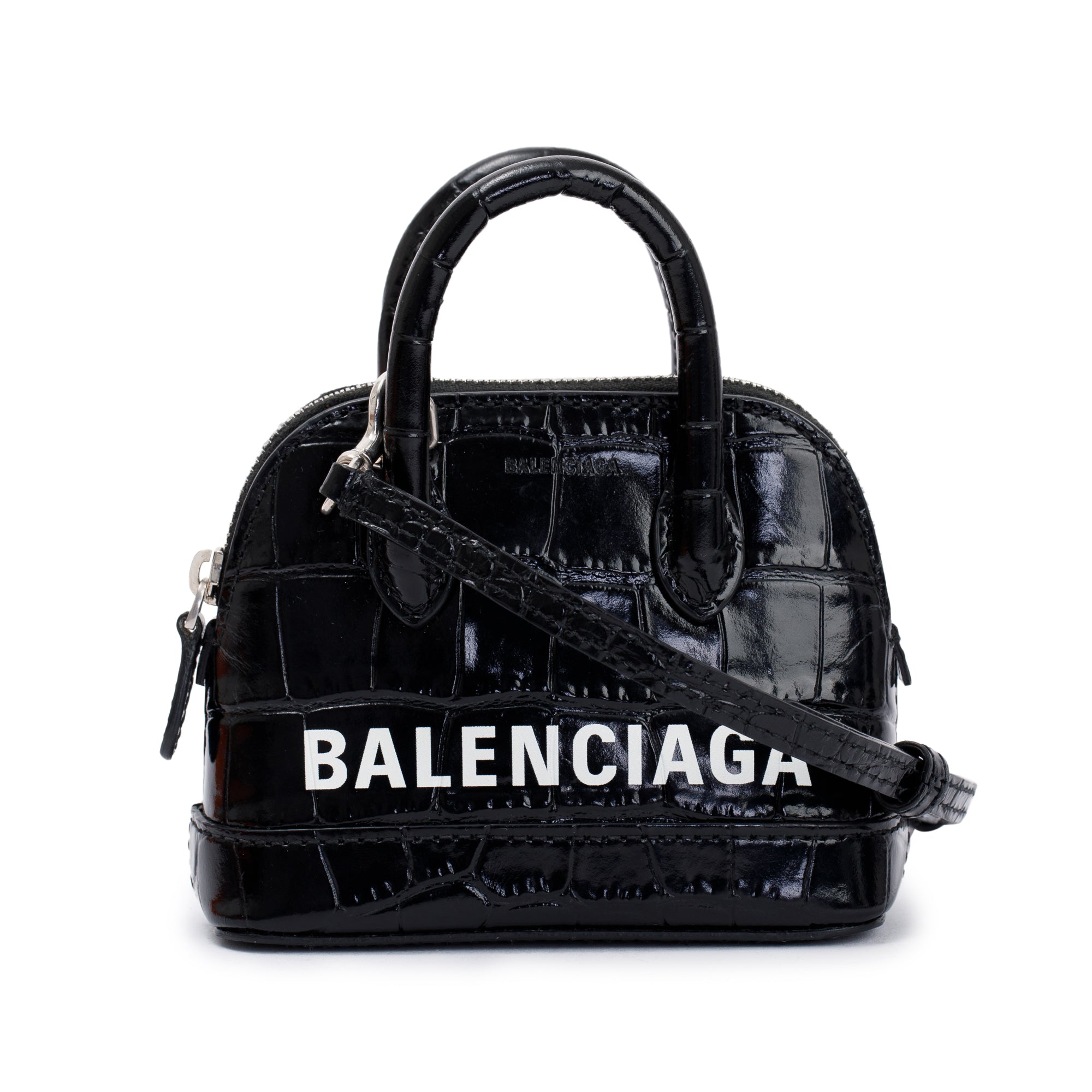 Balenciaga Black Crocodile Embossed Ville Mini Top Handle Bag w/ Strap