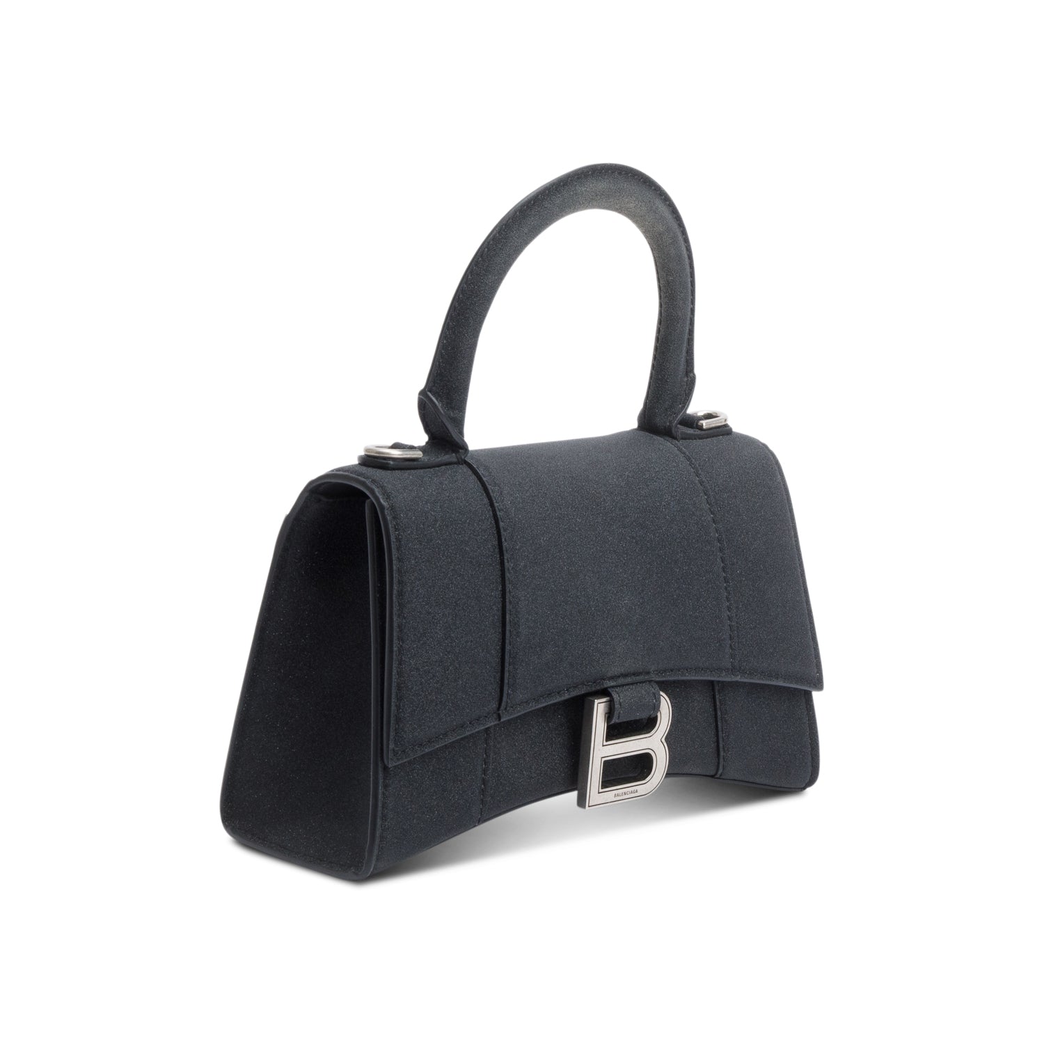 Balenciaga Black Glitter Satin XS Hourglass Top Handle Bag w/ Strap