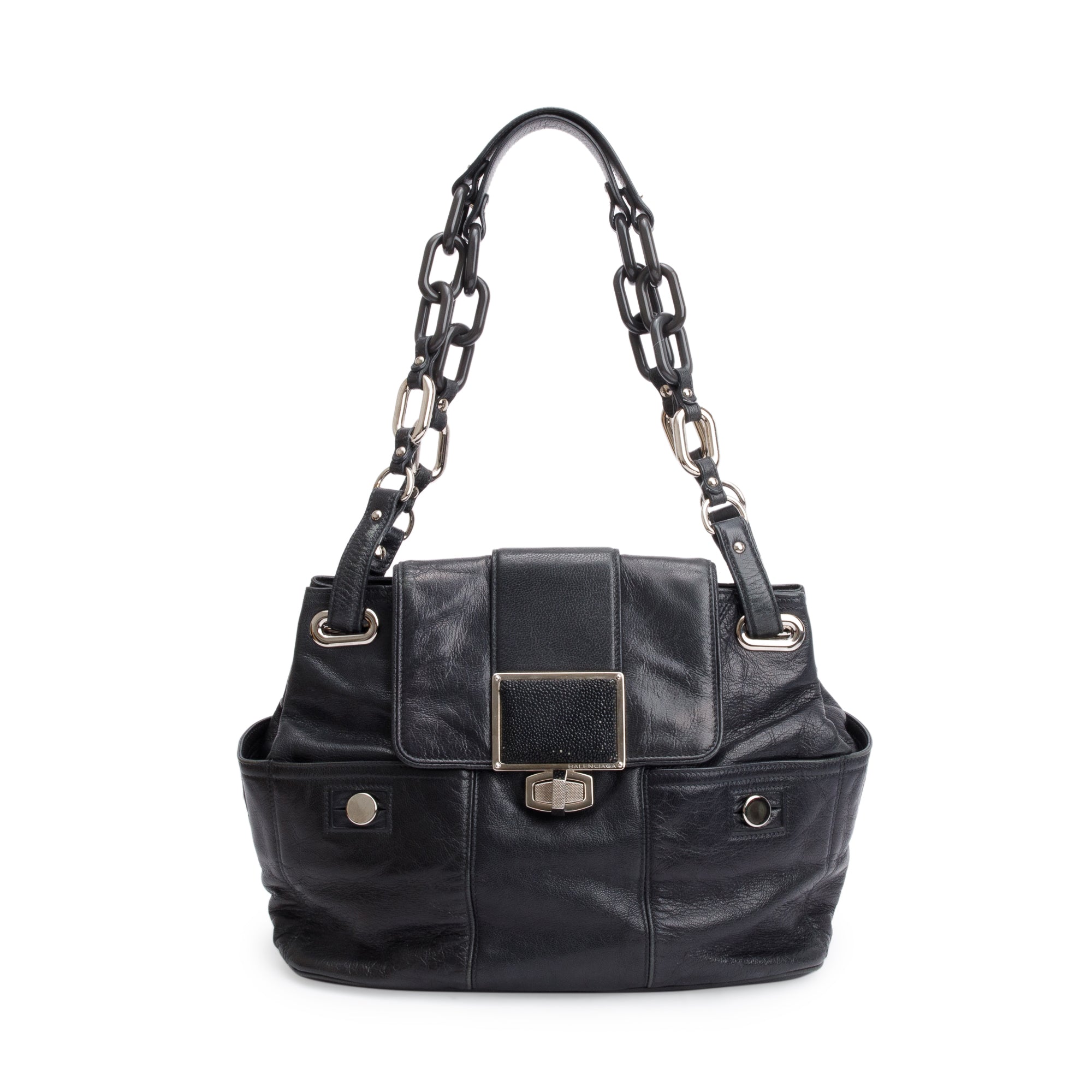 Balenciaga Black Goatskin Leather Stingray Cherche Chain-Link Shoulder Bag