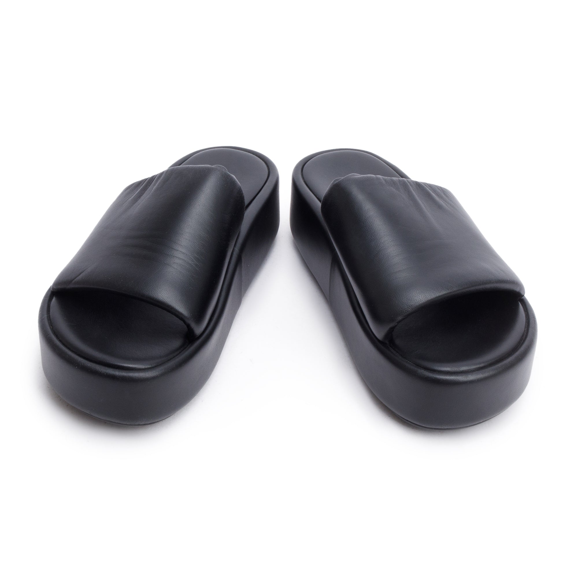 Balenciaga Black LeatherPrinted Logo Platform Slides, Size 39