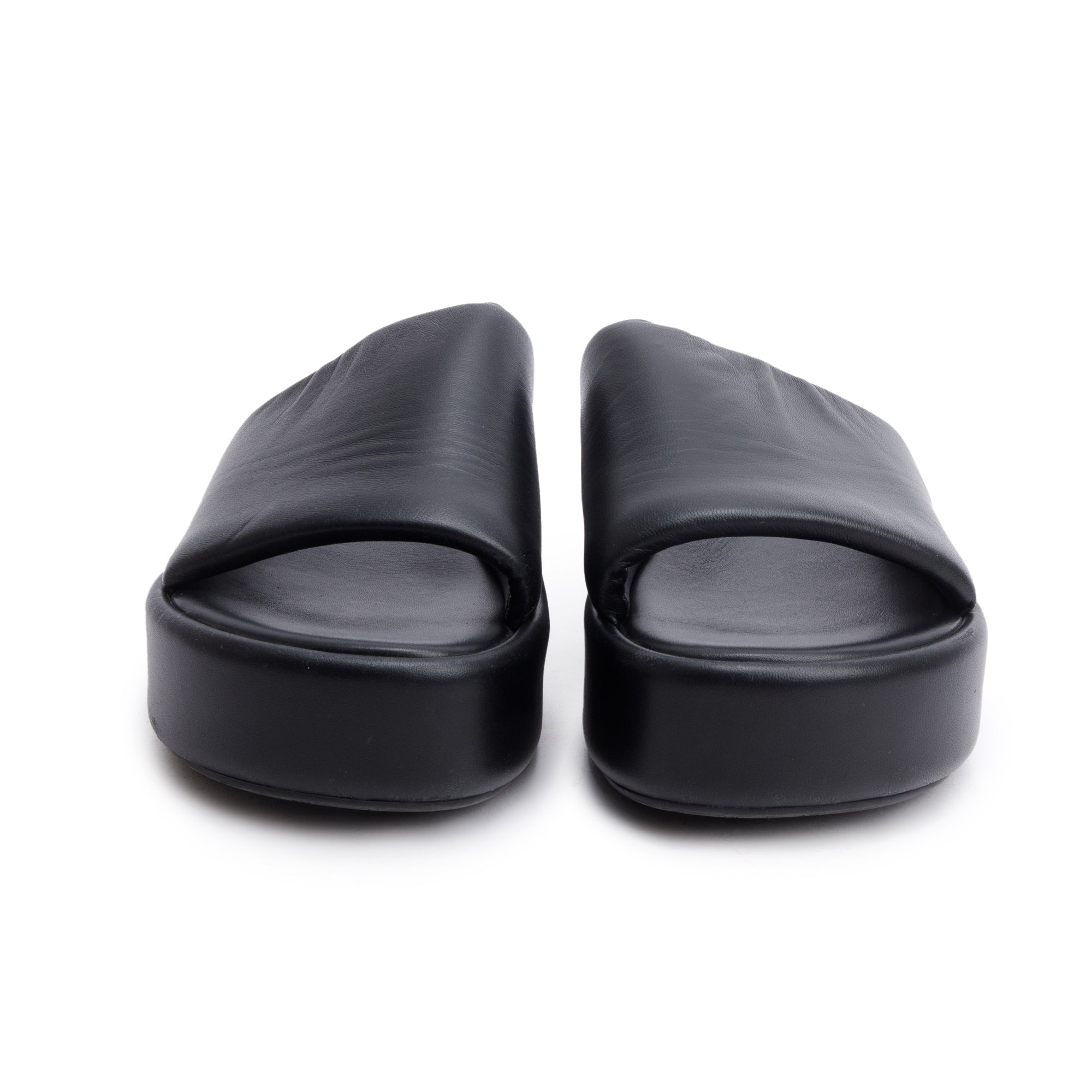 Balenciaga Black LeatherPrinted Logo Platform Slides, Size 39